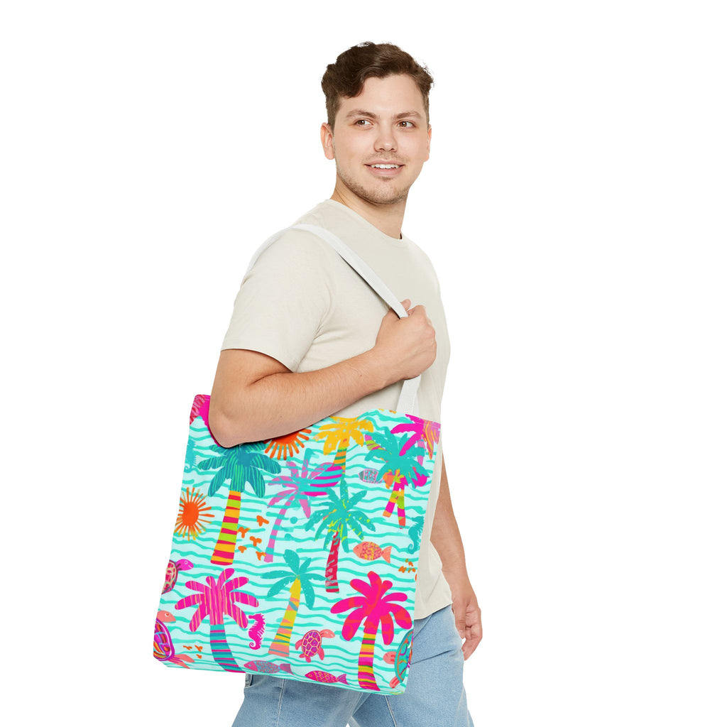 Tropical Palm Pattern Tote Bag | Colorful Beach Palms Stripe All-Over Print