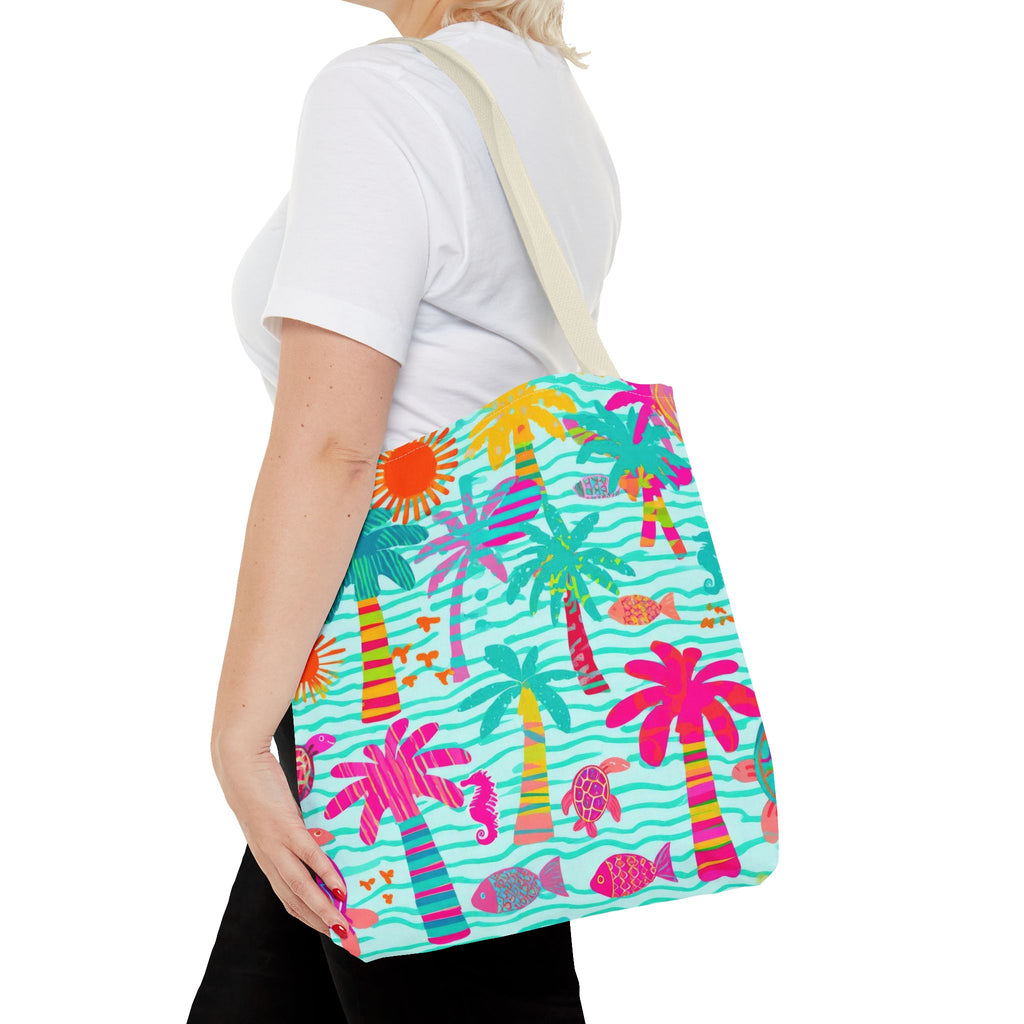 Tropical Palm Pattern Tote Bag | Colorful Beach Palms Stripe All-Over Print