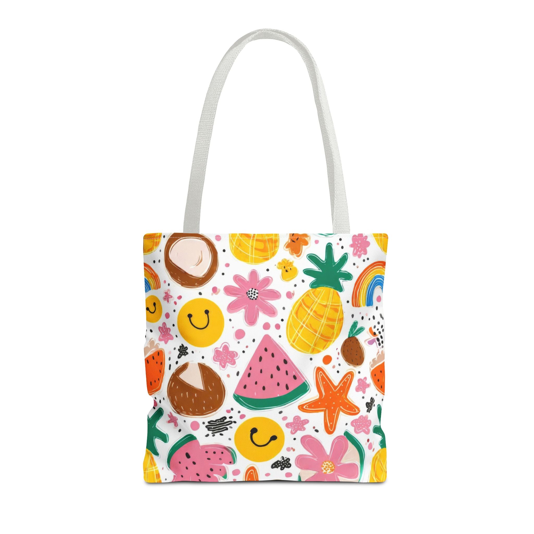 Tropical Fruit Pattern Tote Bag | Pineapple Watermelon Coconut Smiley