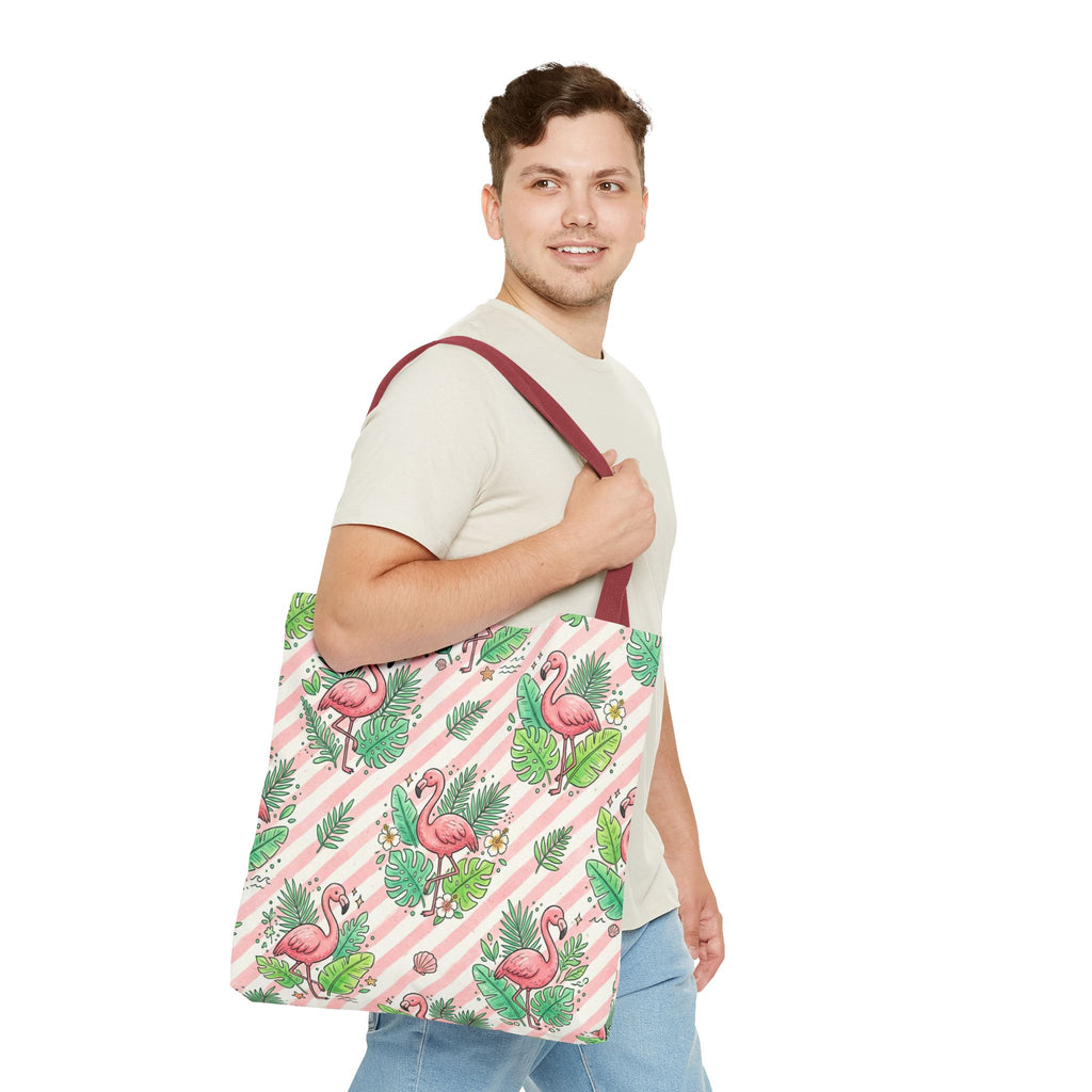Pink Flamingo Pattern Tote Bag | Tropical Leaves Striped All-Over Print