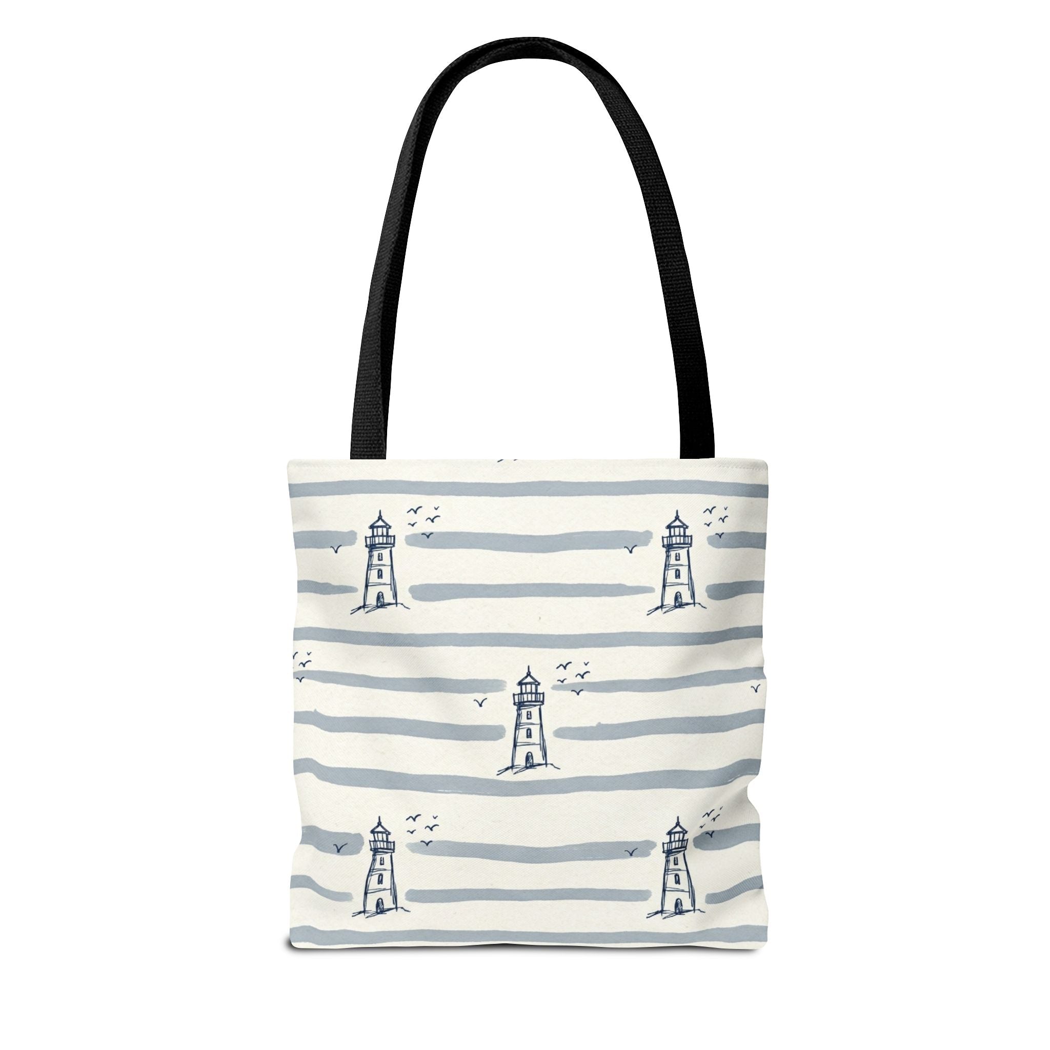 Nautical Lighthouse Pattern Tote Bag | Striped Coastal Beach Tote