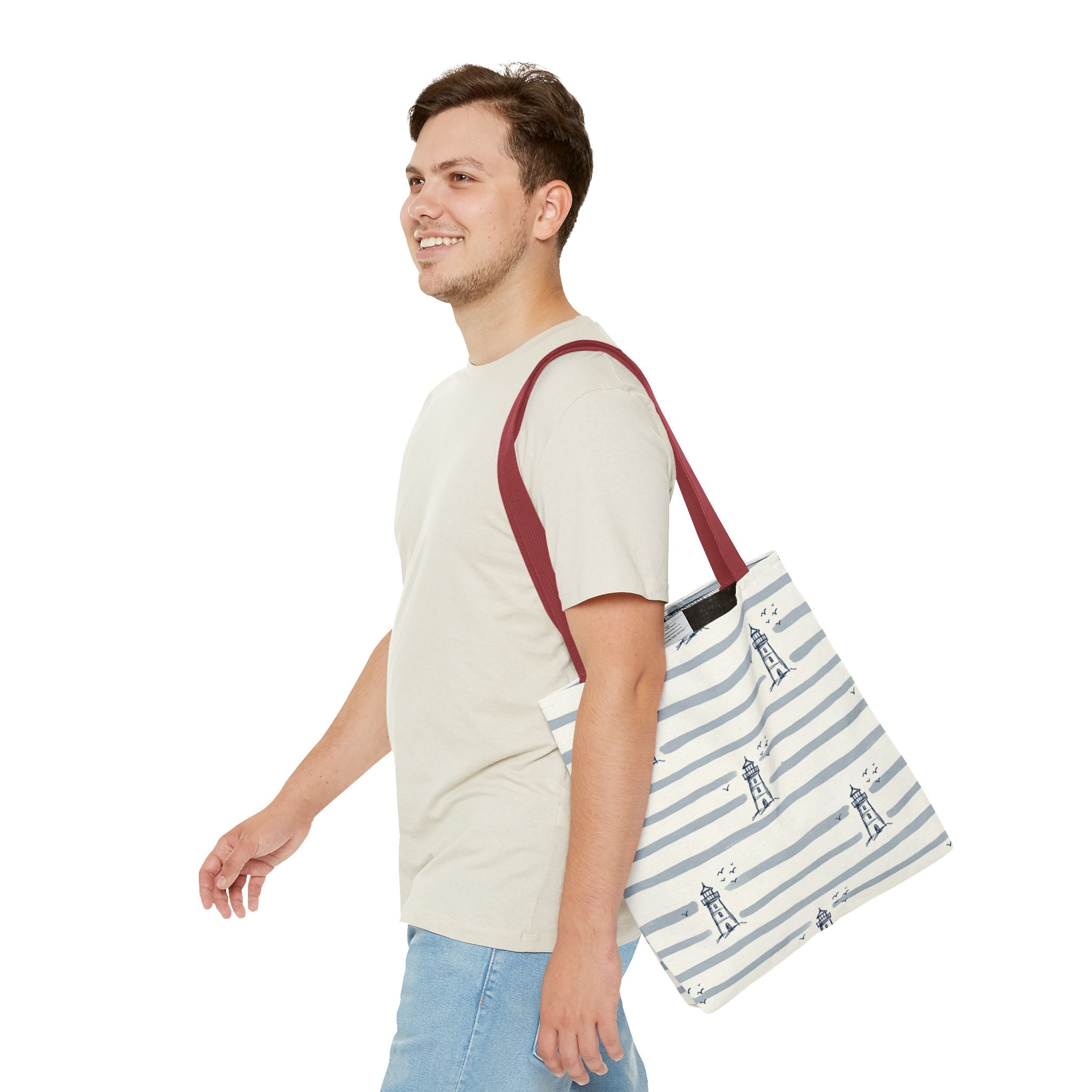 Nautical Lighthouse Pattern Tote Bag | Striped Coastal Beach Tote