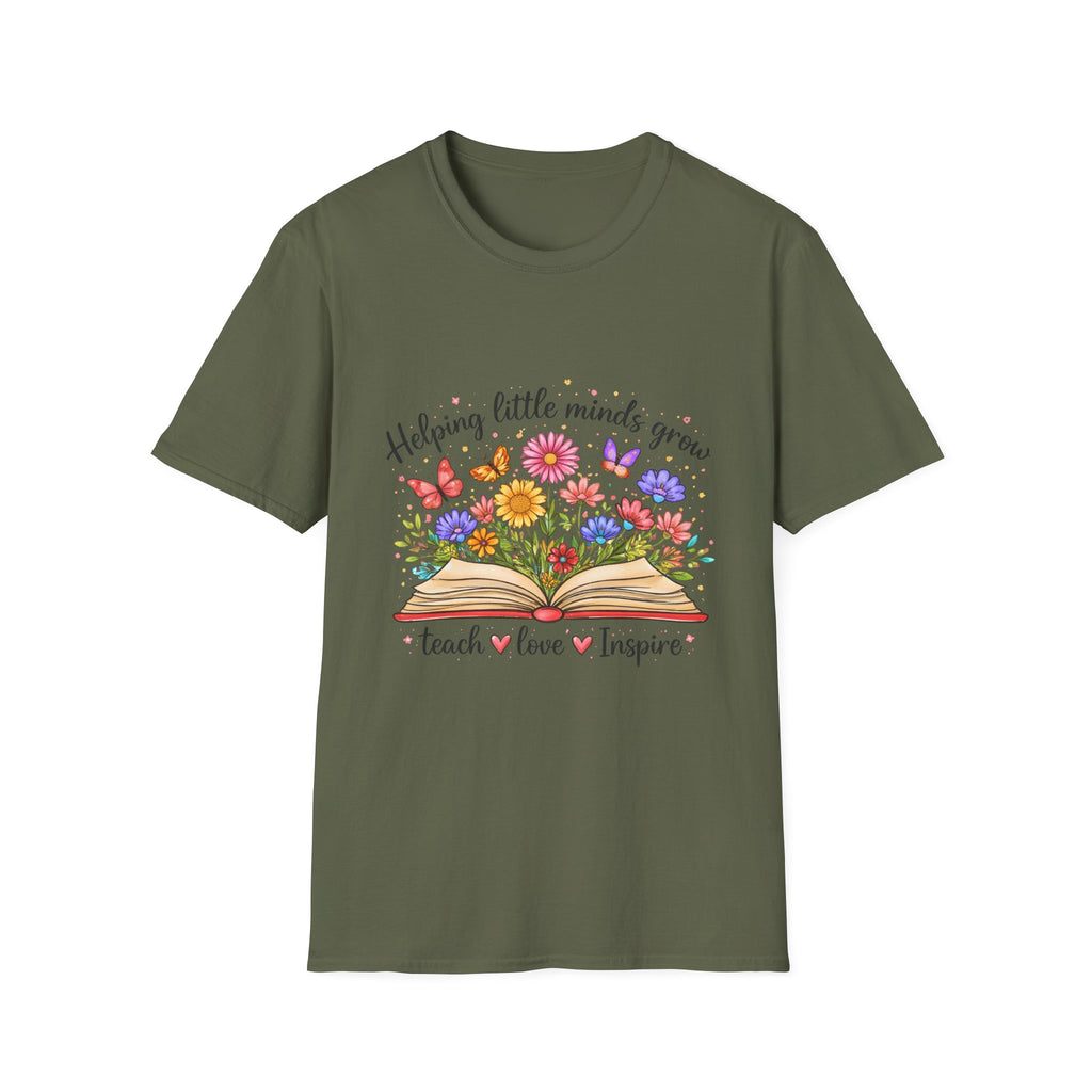 Helping Little Minds Grow T-Shirt | Teach Love Inspire, Floral Open Book Design