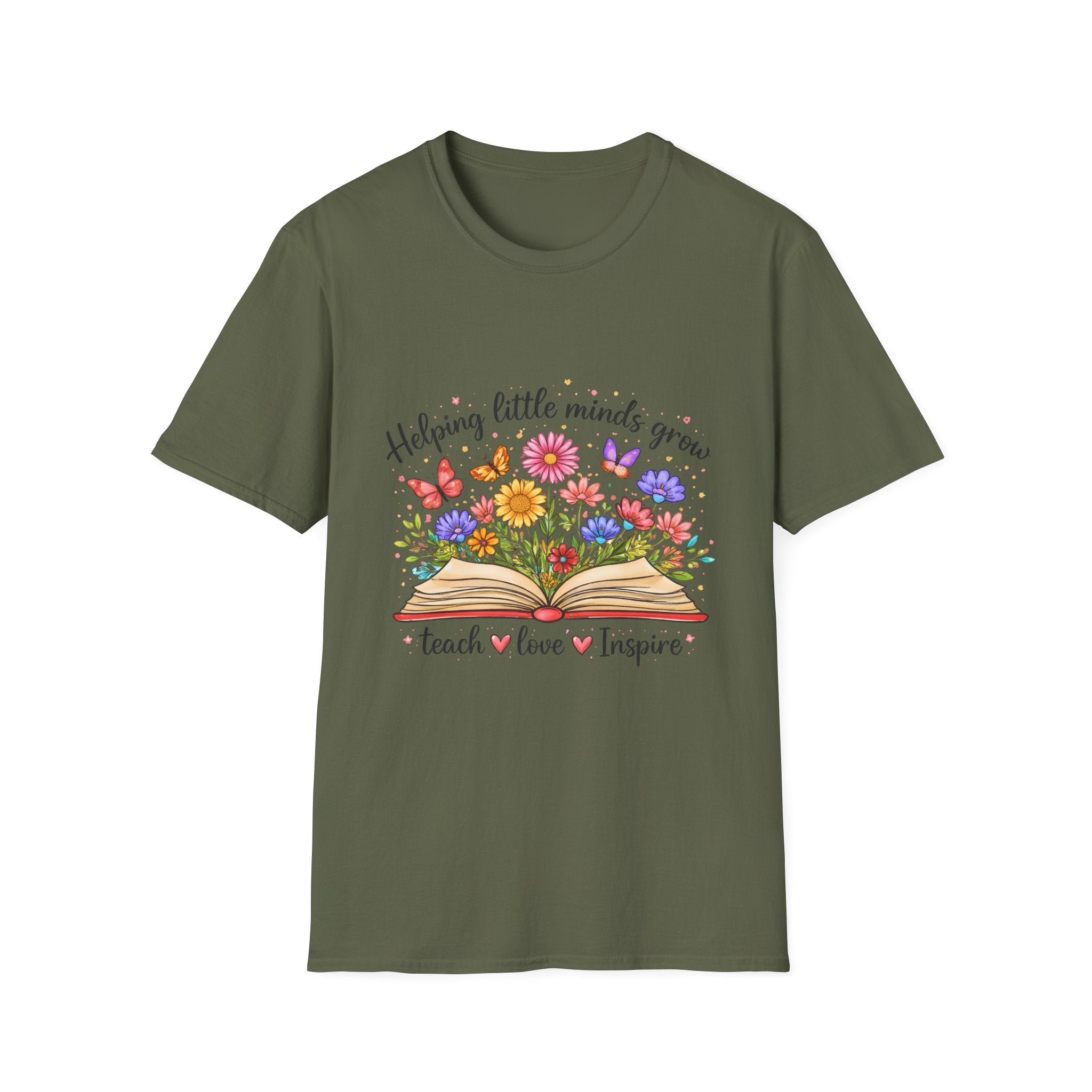 Helping Little Minds Grow T-Shirt | Teach Love Inspire, Floral Open Book Design