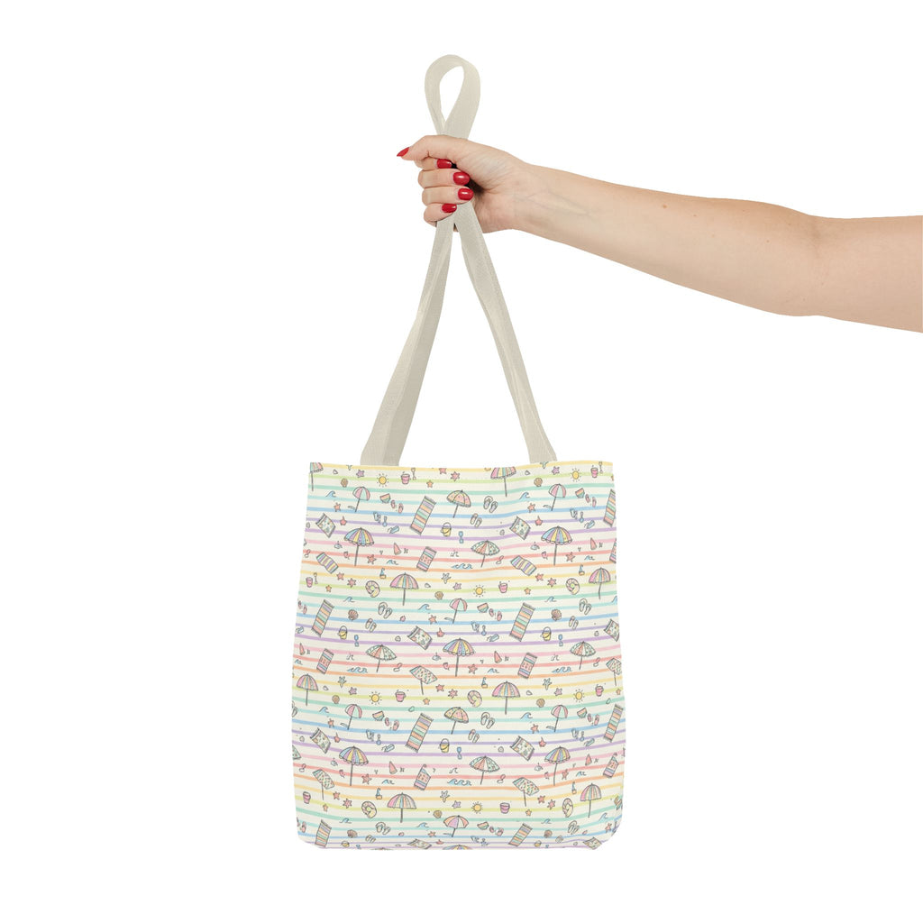 Pastel Beach Pattern Tote Bag | Seashells, Umbrellas, Flip Flops
