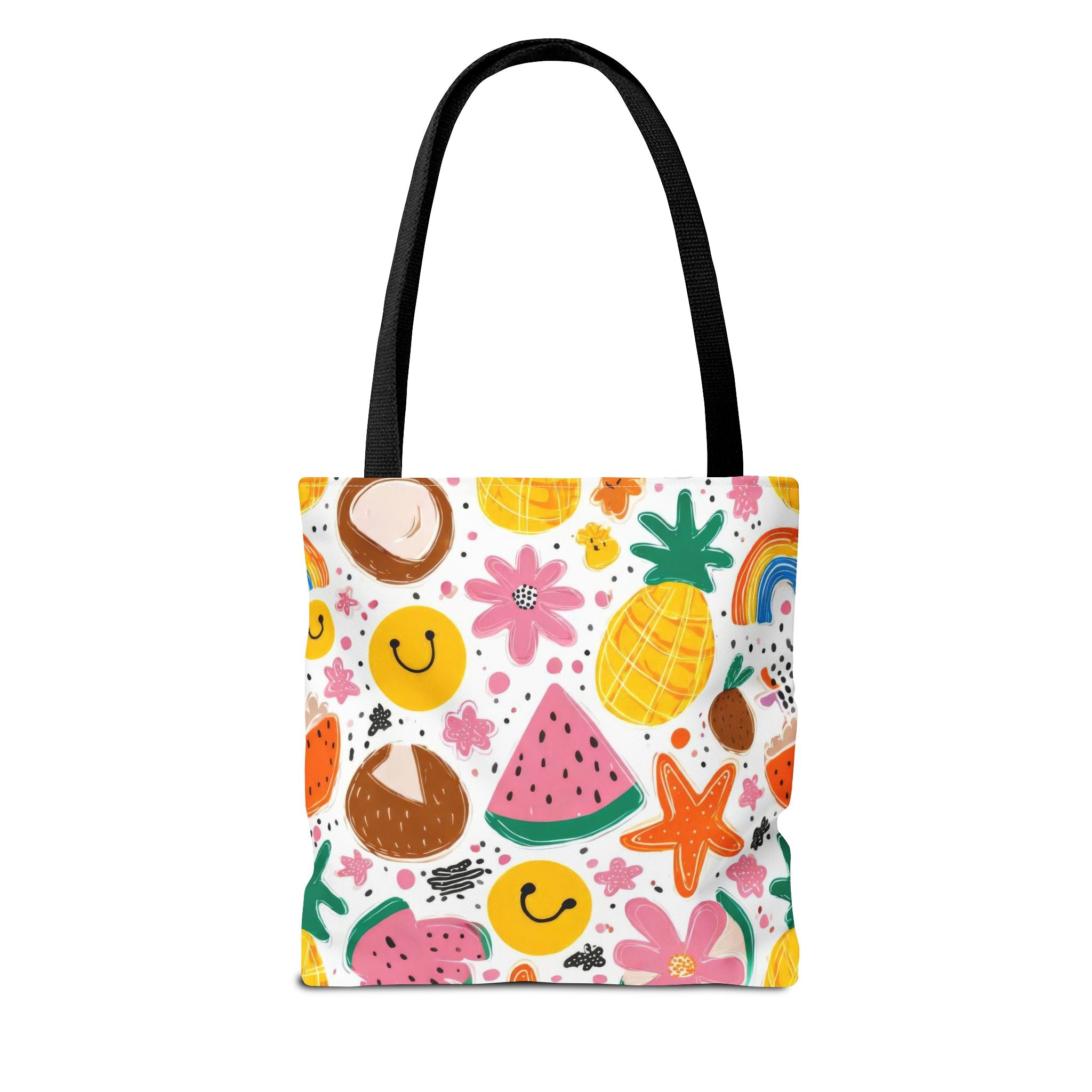 Tropical Fruit Pattern Tote Bag | Pineapple Watermelon Coconut Smiley