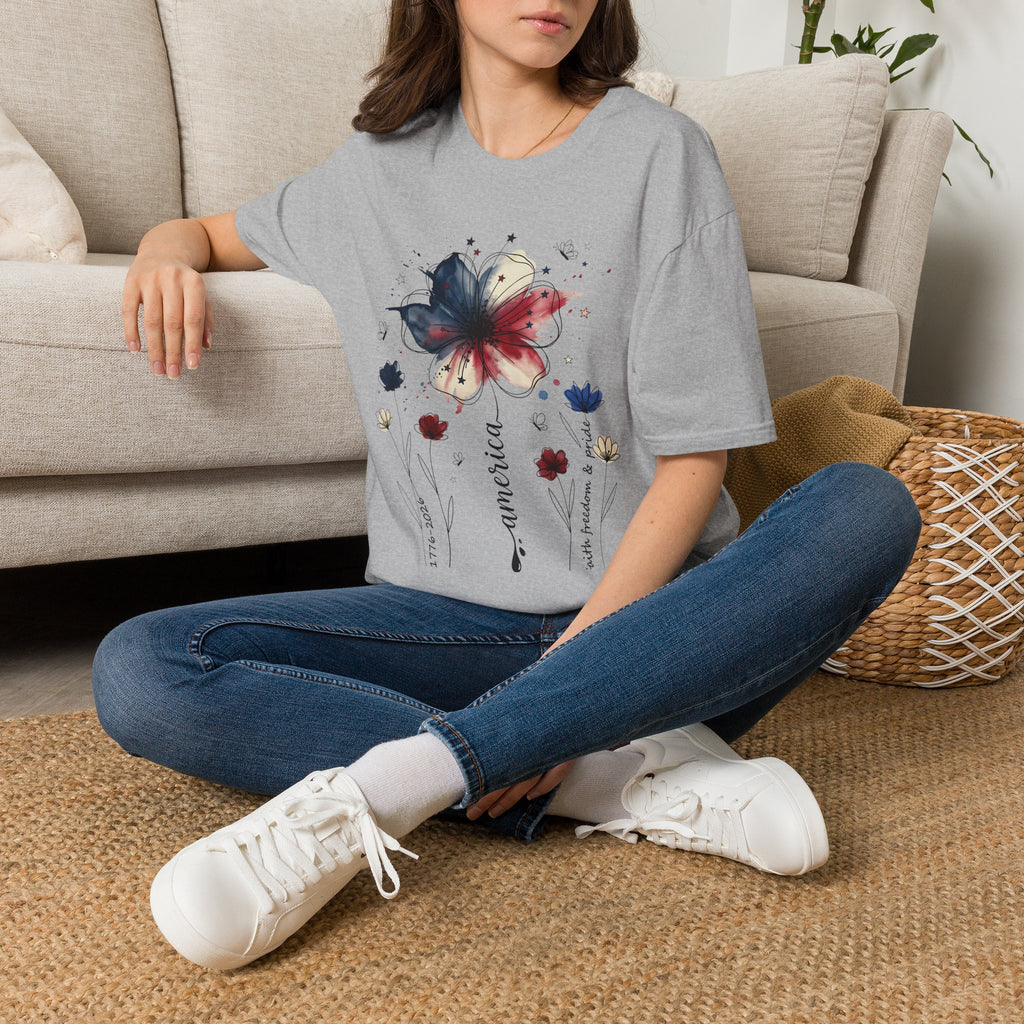 July 4th Shirt | Patriotic Watercolor Flower T-Shirt | Red White Blue Floral Tee