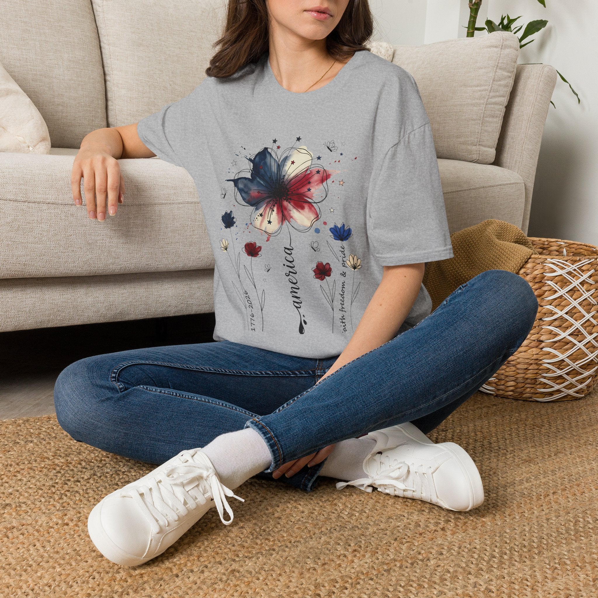 July 4th Shirt | Patriotic Watercolor Flower T-Shirt | Red White Blue Floral Tee
