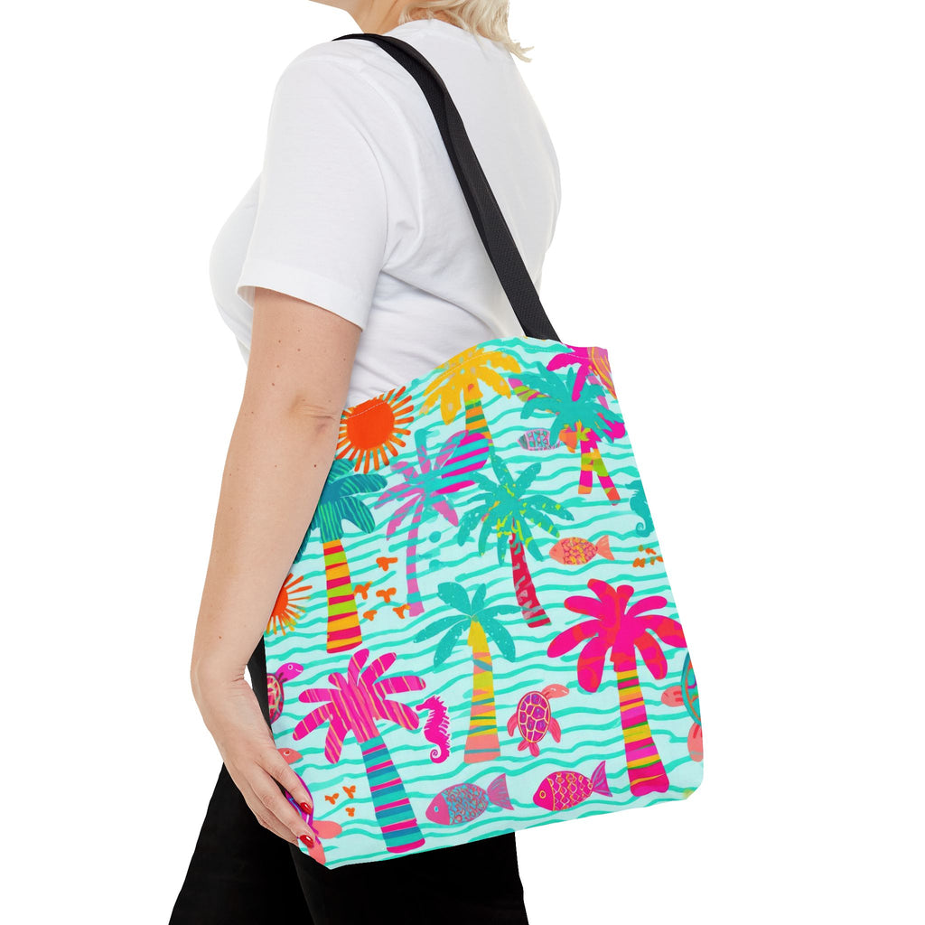 Tropical Palm Pattern Tote Bag | Colorful Beach Palms Stripe All-Over Print