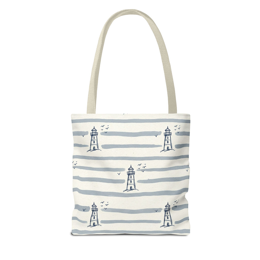 Nautical Lighthouse Pattern Tote Bag | Striped Coastal Beach Tote