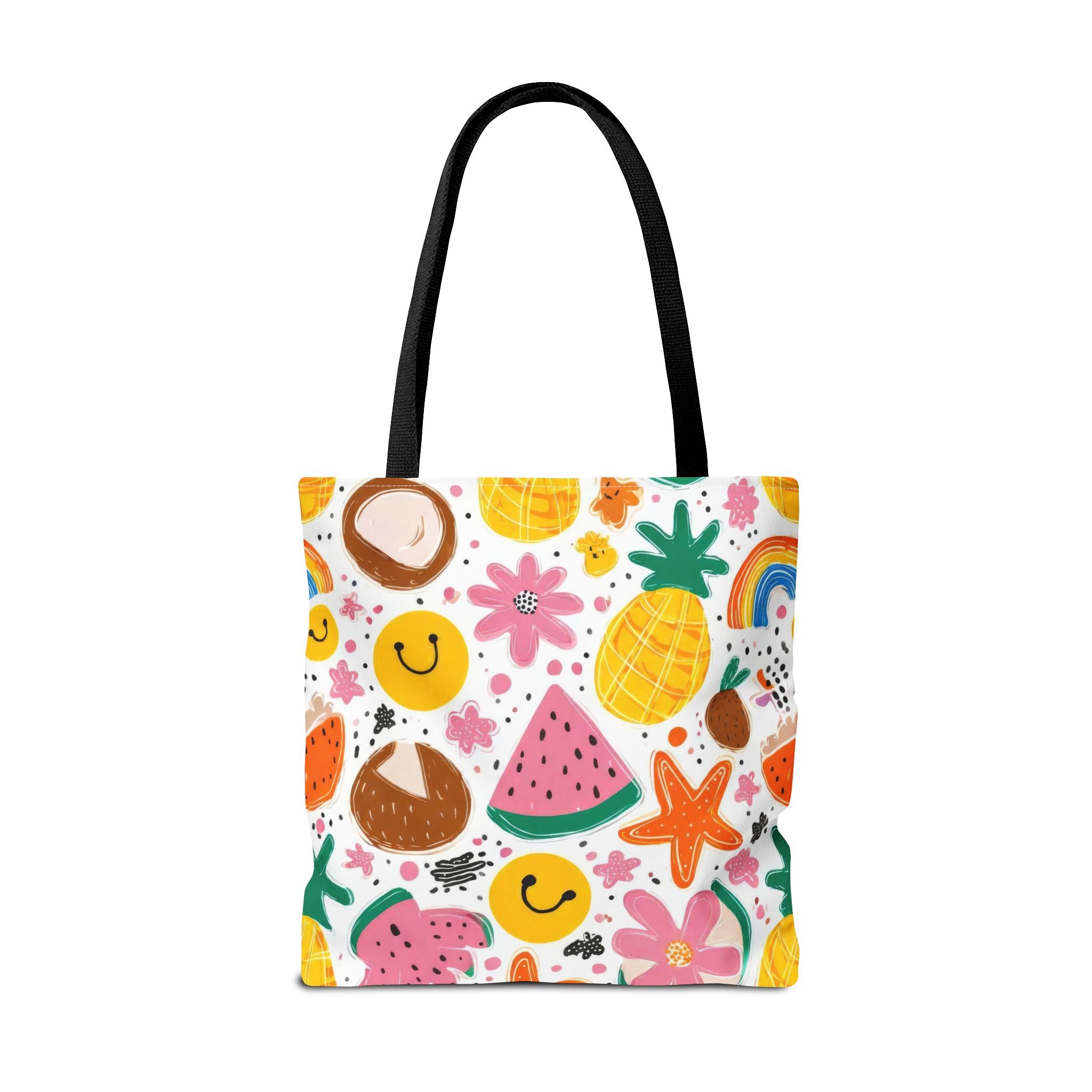Tropical Fruit Pattern Tote Bag | Pineapple Watermelon Coconut Smiley