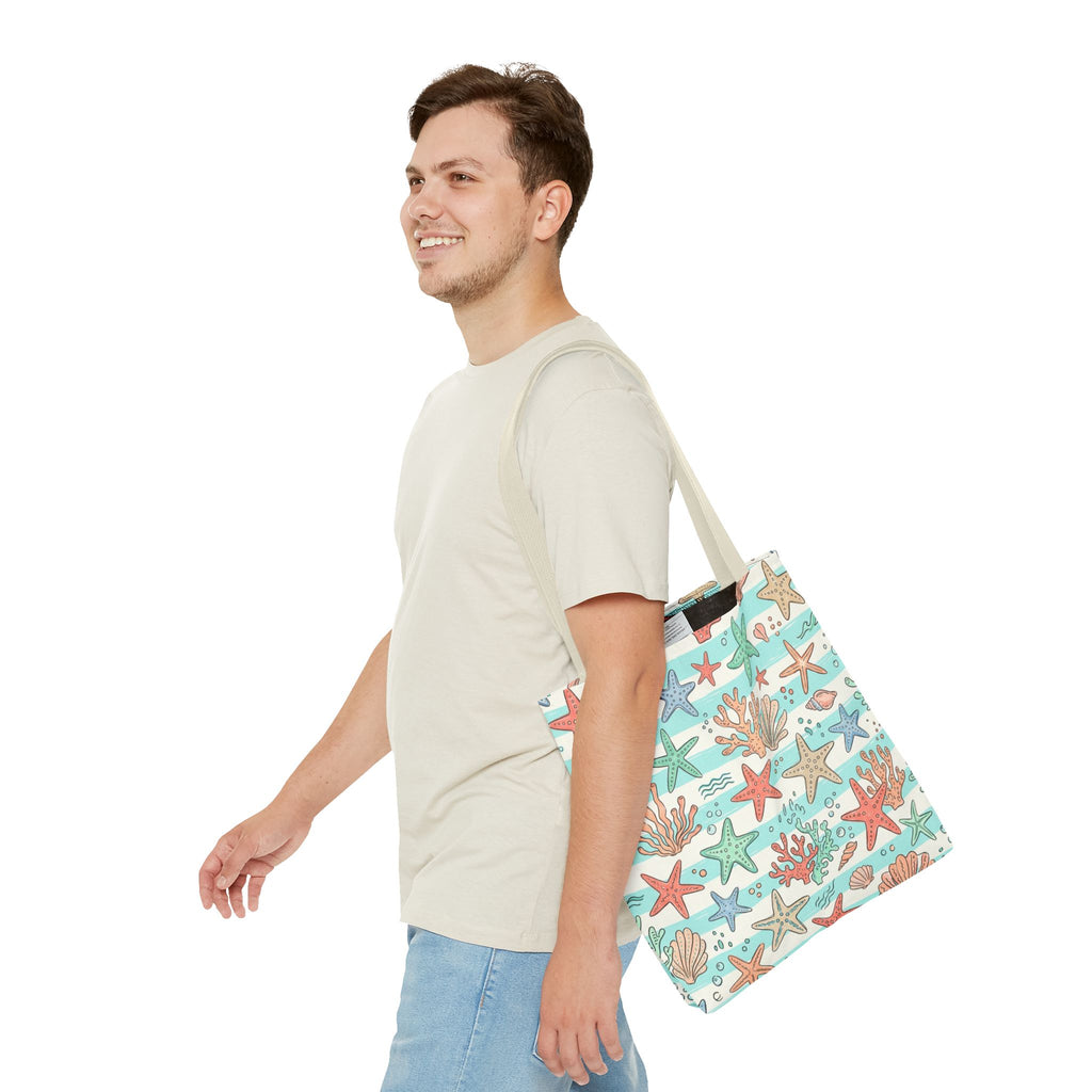 Starfish Coral Pattern Tote Bag | Beach Sea Life Striped Nautical Design