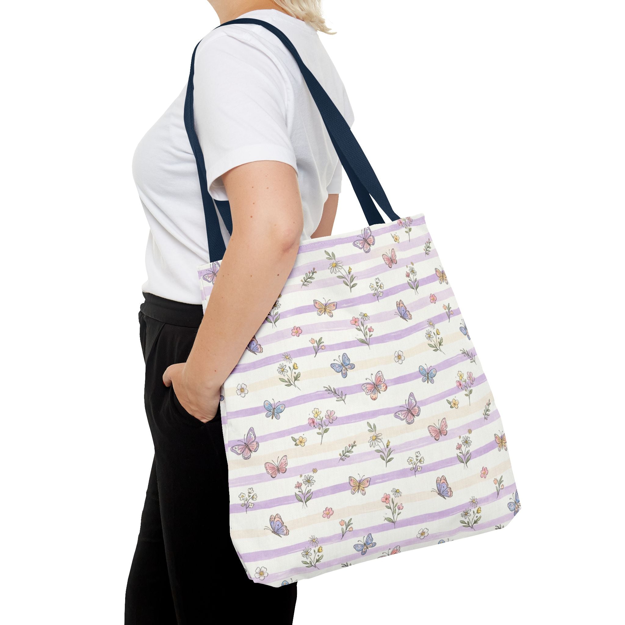 Pastel Butterfly Floral Stripe Tote