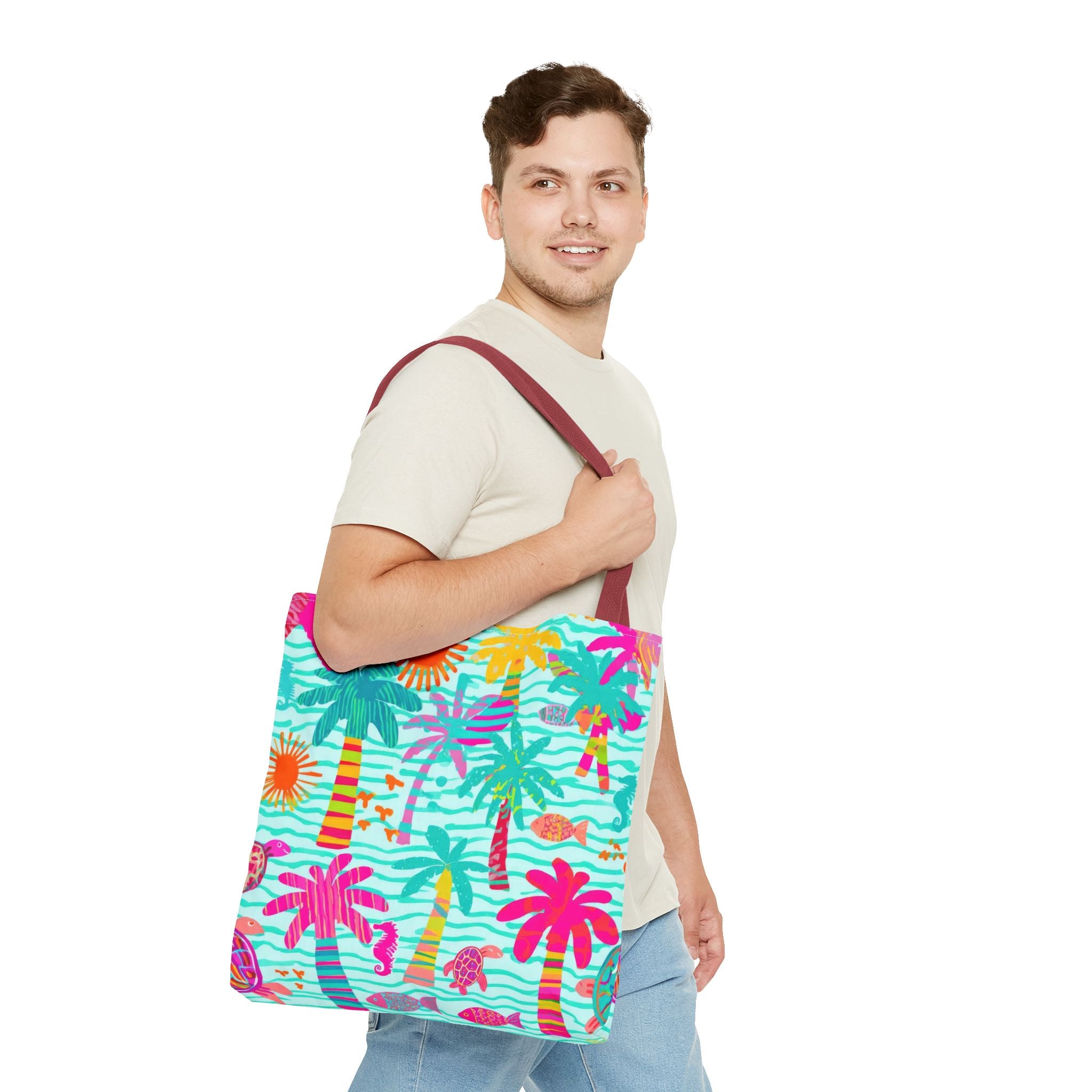 Tropical Palm Pattern Tote Bag | Colorful Beach Palms Stripe All-Over Print