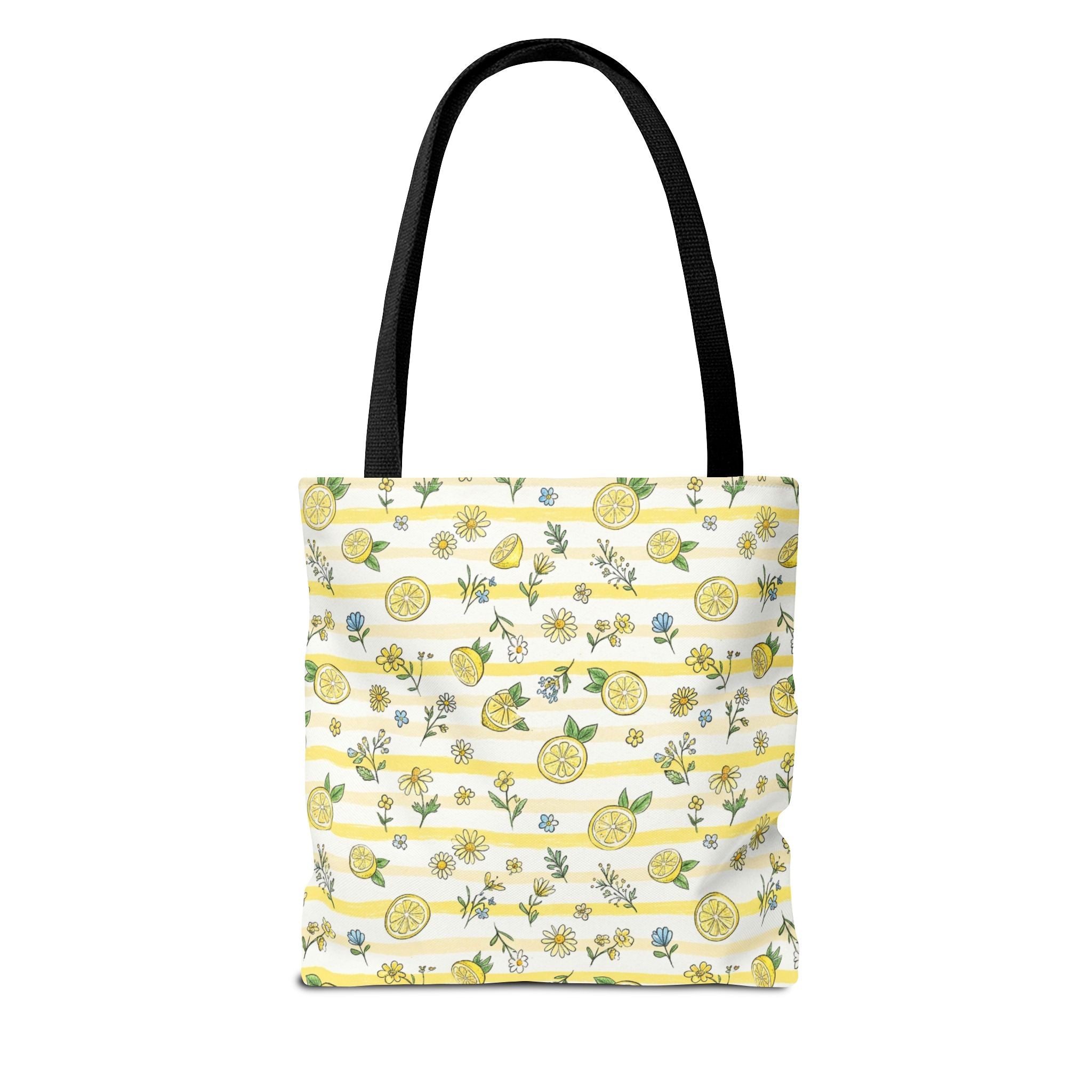 Lemon Stripe Pattern Tote Bag | Citrus Floral All-Over Print