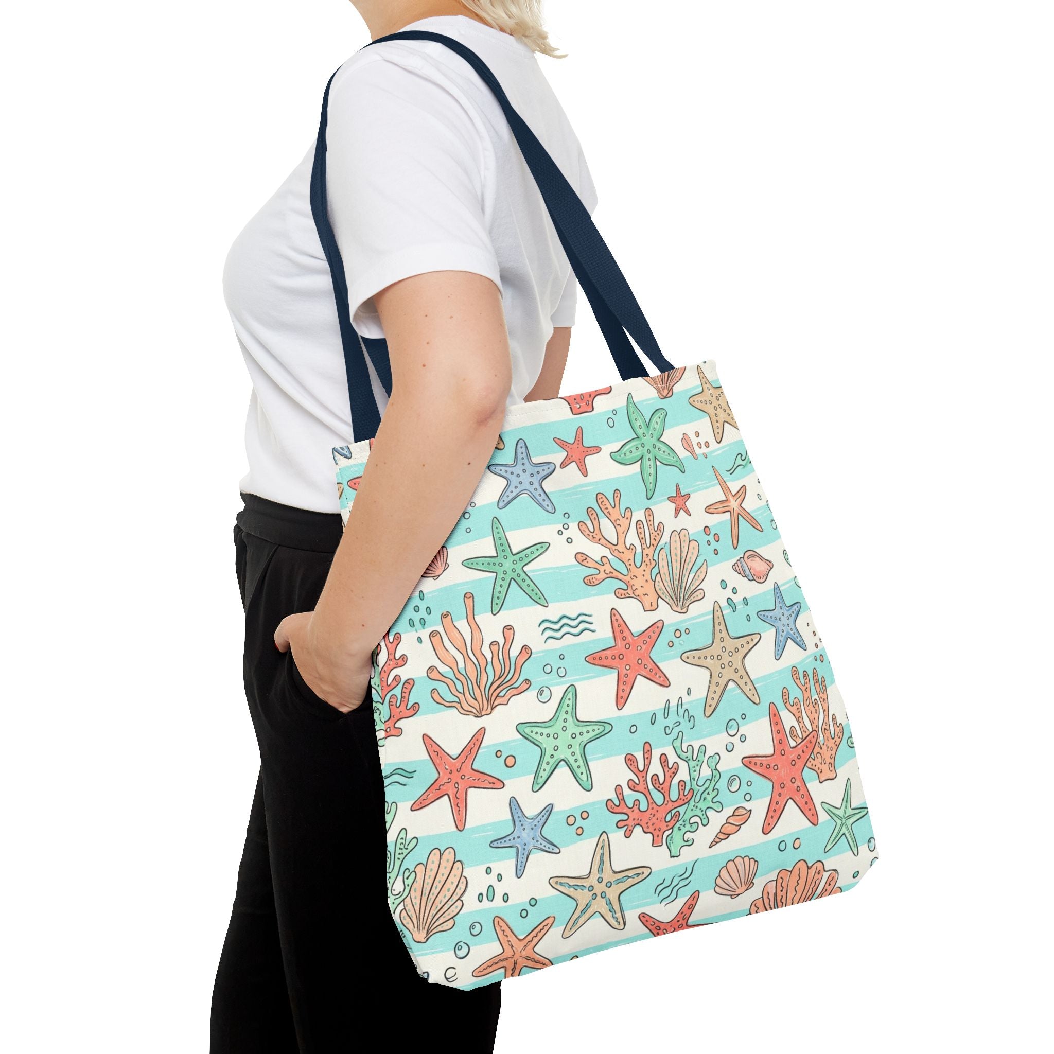 Starfish Coral Pattern Tote Bag | Beach Sea Life Striped Nautical Design