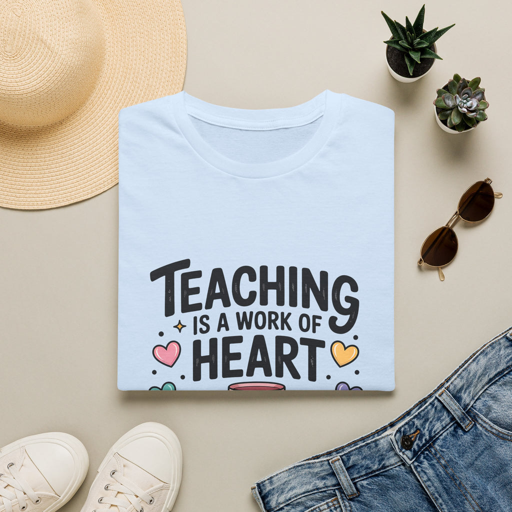 Teaching Is A Work Of Heart T-Shirt | Teacher Mug and Books Illustration