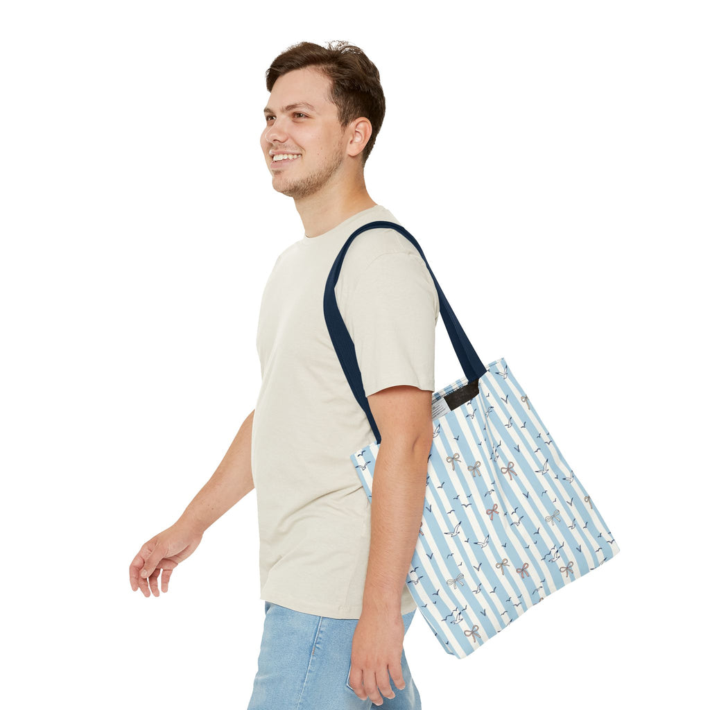 Blue Striped Bows and Birds Tote Bag