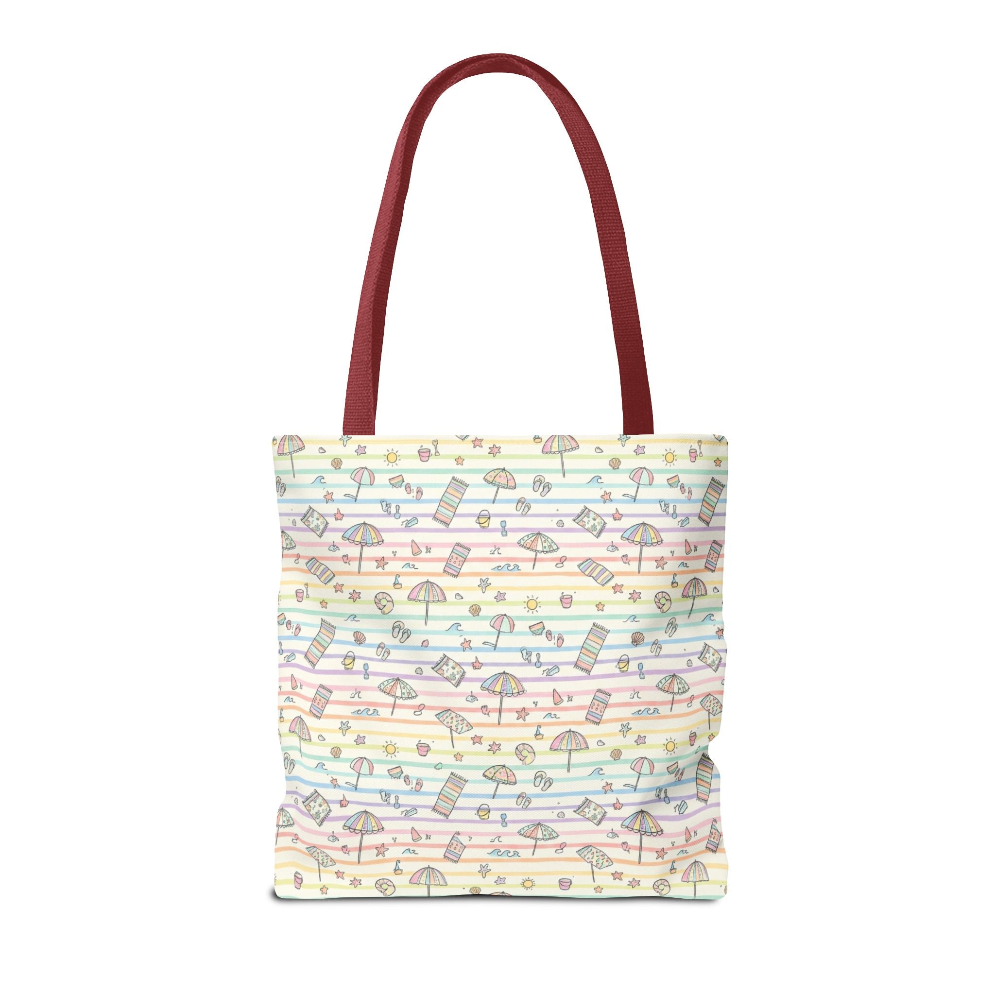 Pastel Beach Pattern Tote Bag | Seashells, Umbrellas, Flip Flops