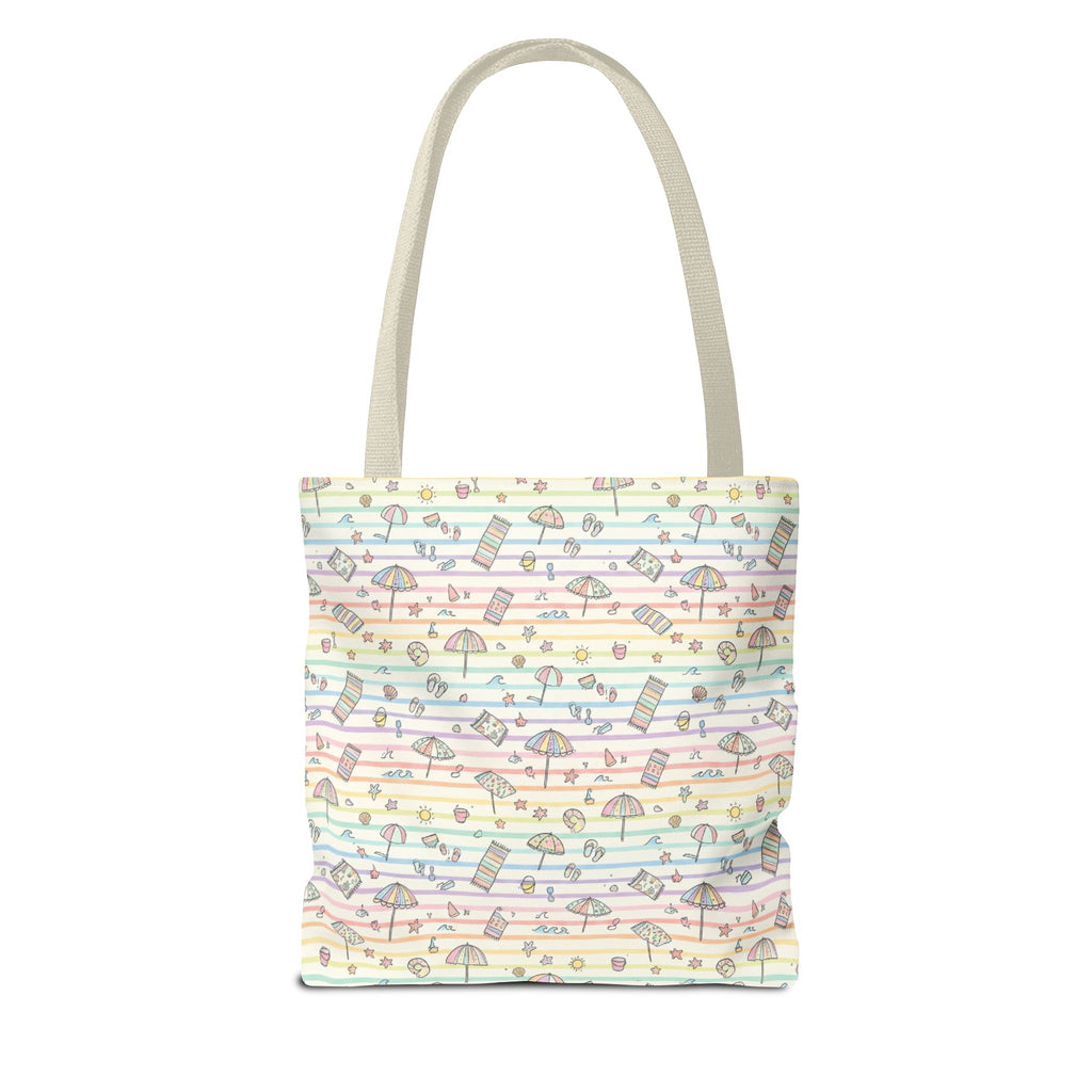 Pastel Beach Pattern Tote Bag | Seashells, Umbrellas, Flip Flops