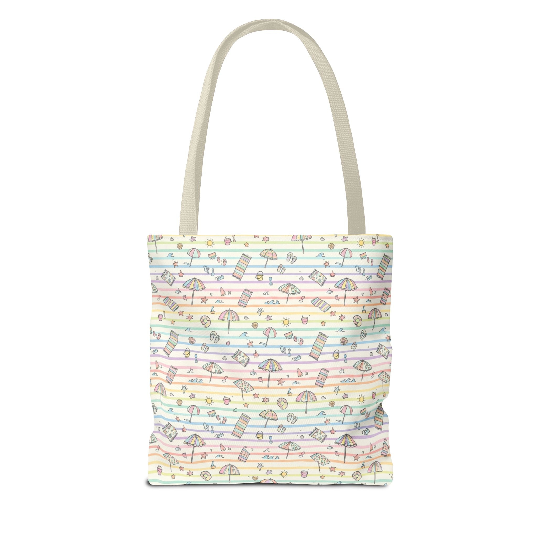 Pastel Beach Pattern Tote Bag | Seashells, Umbrellas, Flip Flops