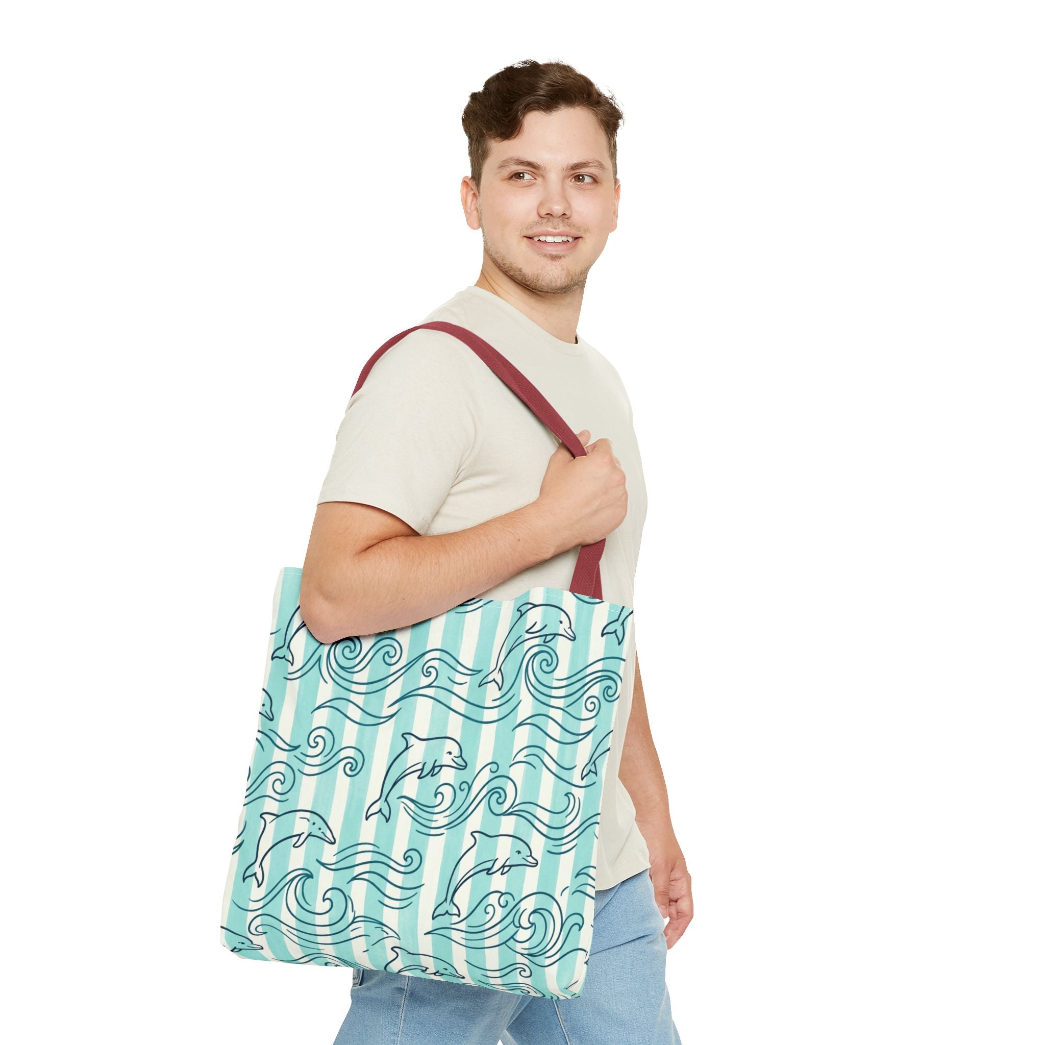 Dolphin Wave Pattern Tote Bag | Aqua Striped Ocean Design