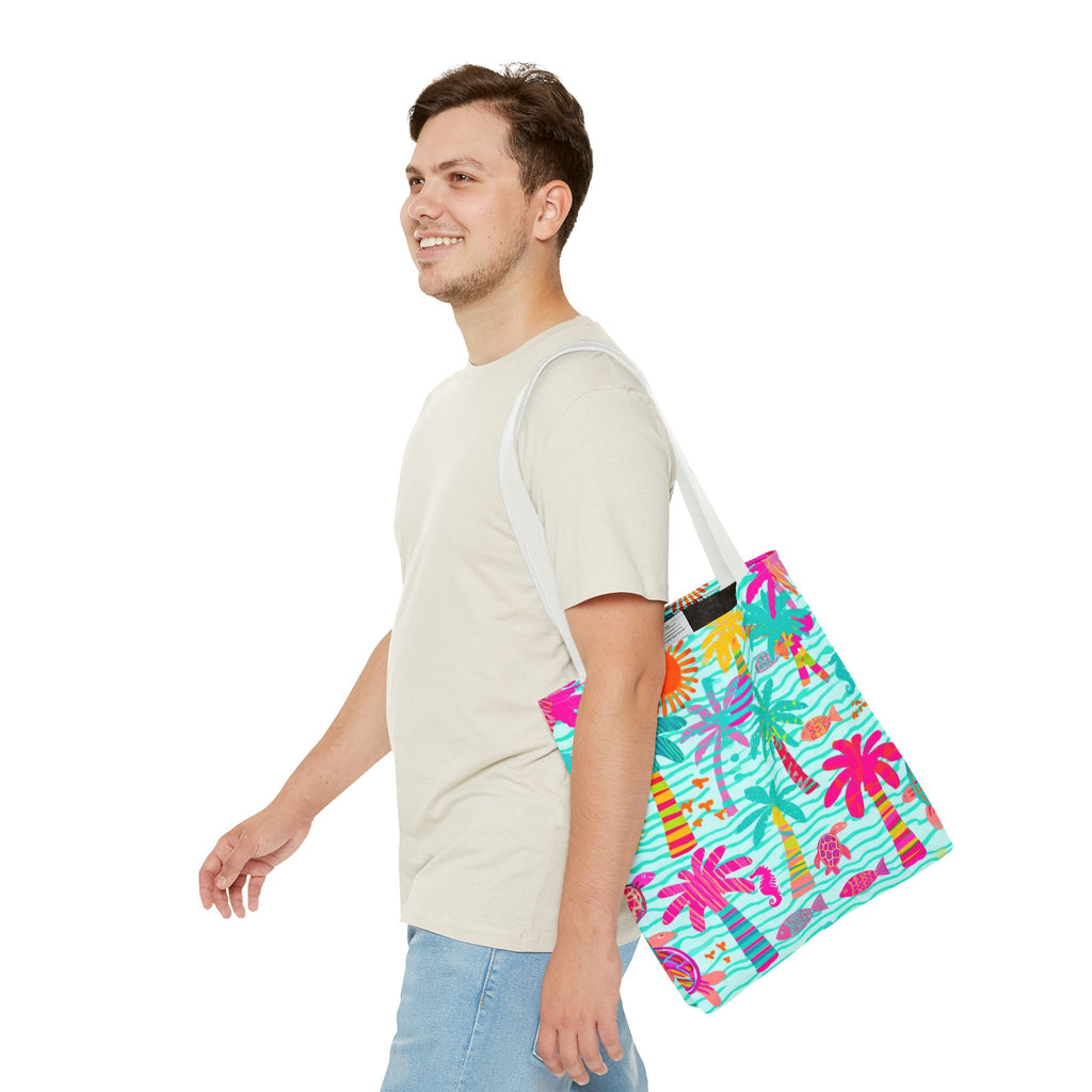 Tropical Palm Pattern Tote Bag | Colorful Beach Palms Stripe All-Over Print