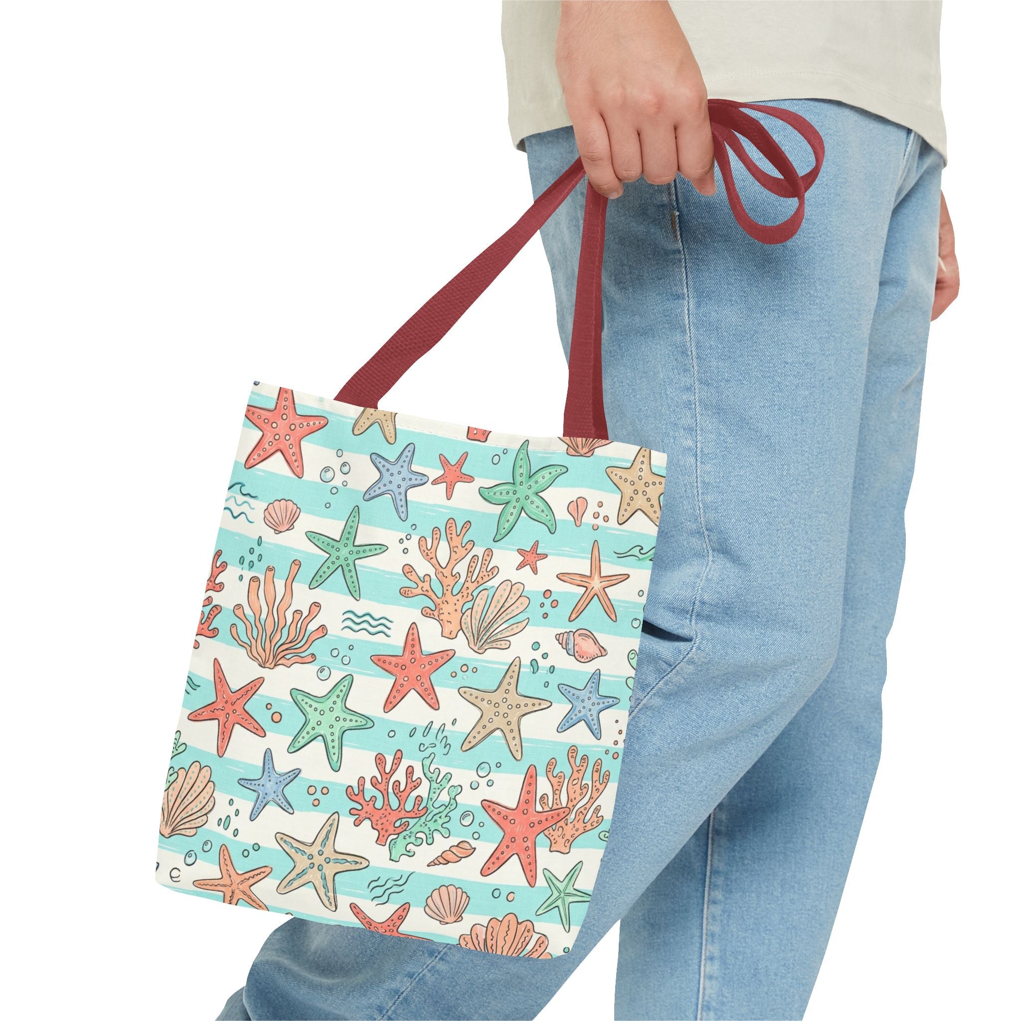 Starfish Coral Pattern Tote Bag | Beach Sea Life Striped Nautical Design