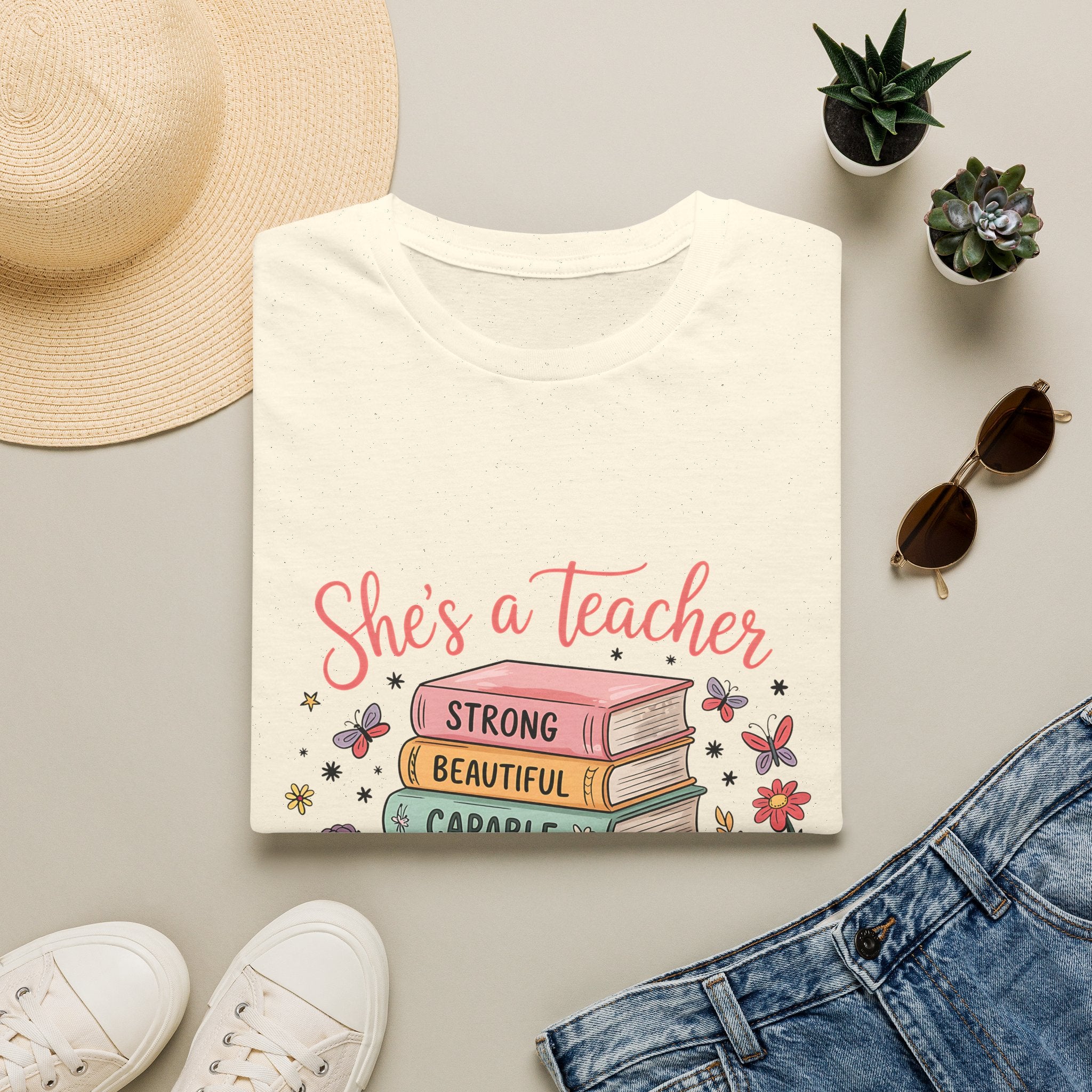 She's a Teacher stack of books floral design T-Shirt | teacher appreciation, inspirational quote