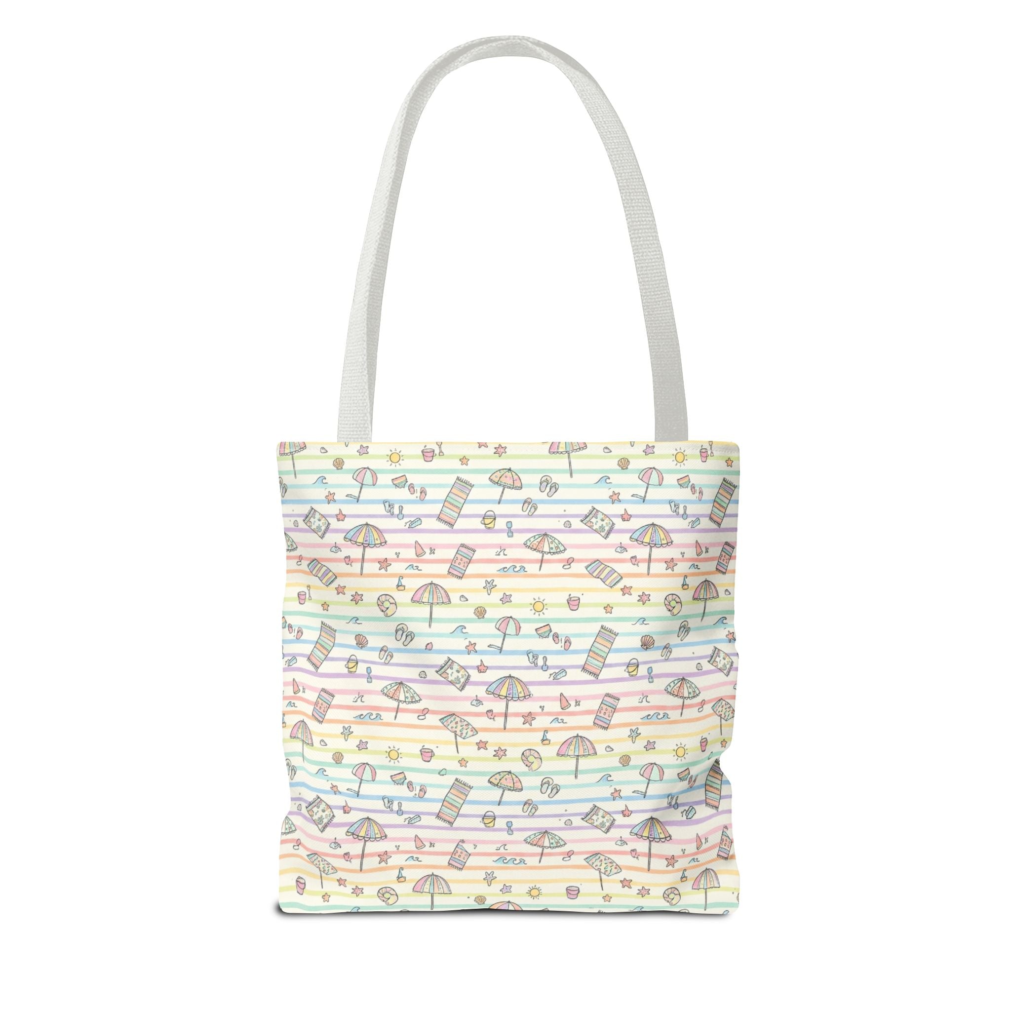 Pastel Beach Pattern Tote Bag | Seashells, Umbrellas, Flip Flops
