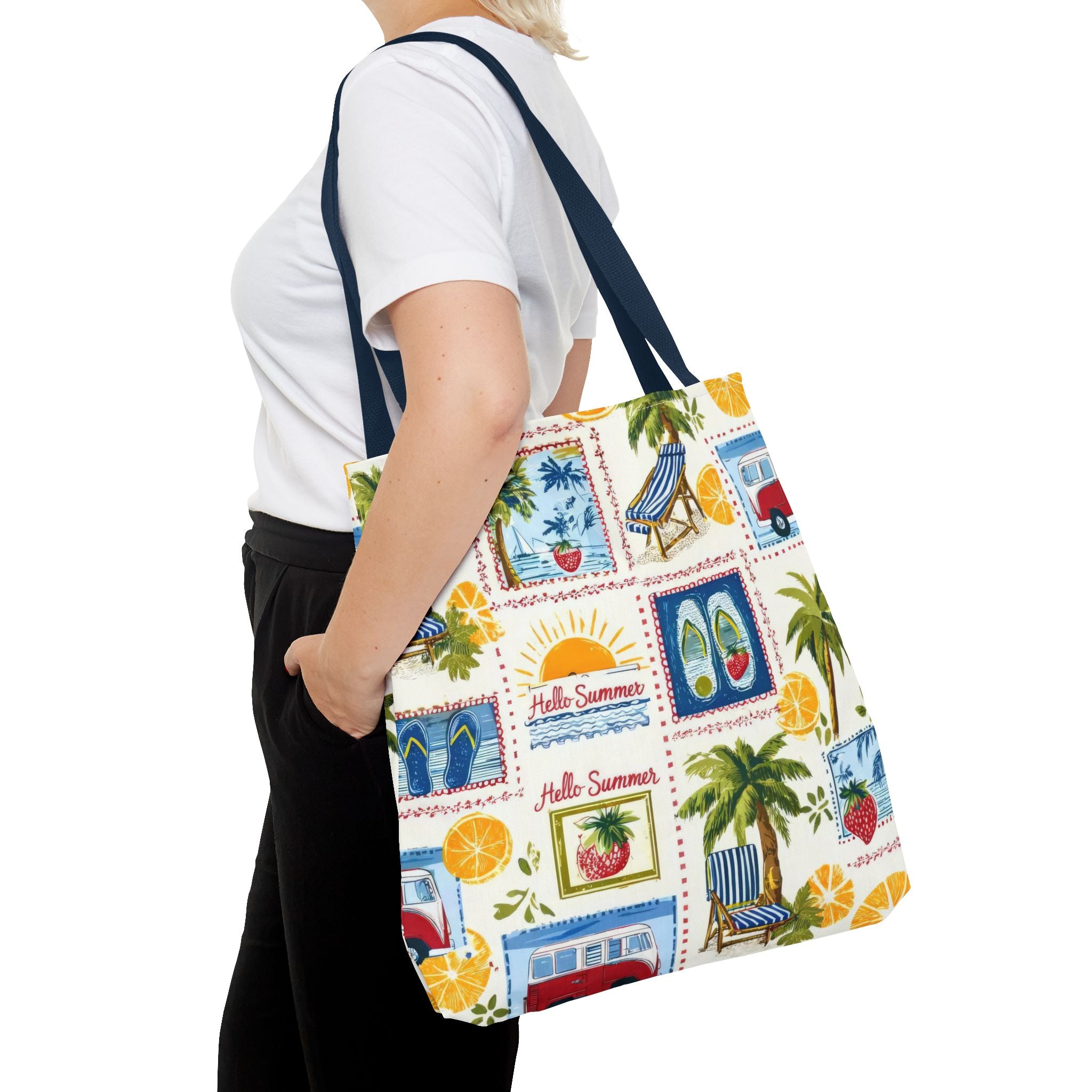 Hello Summer collage Tote Bag | beach palm trees flip flops camper van