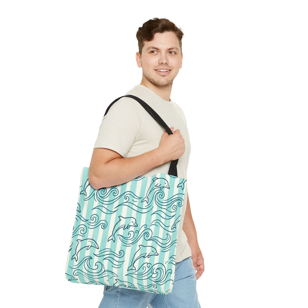 Dolphin Wave Pattern Tote Bag | Aqua Striped Ocean Design