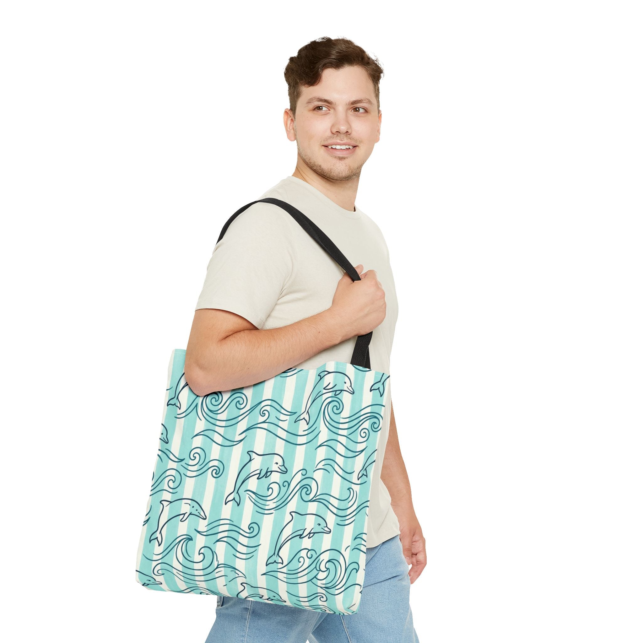 Dolphin Wave Pattern Tote Bag | Aqua Striped Ocean Design