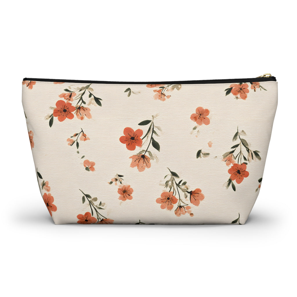 Peach Floral Print Accessory Pouch | T-Bottom Zipper Pouch