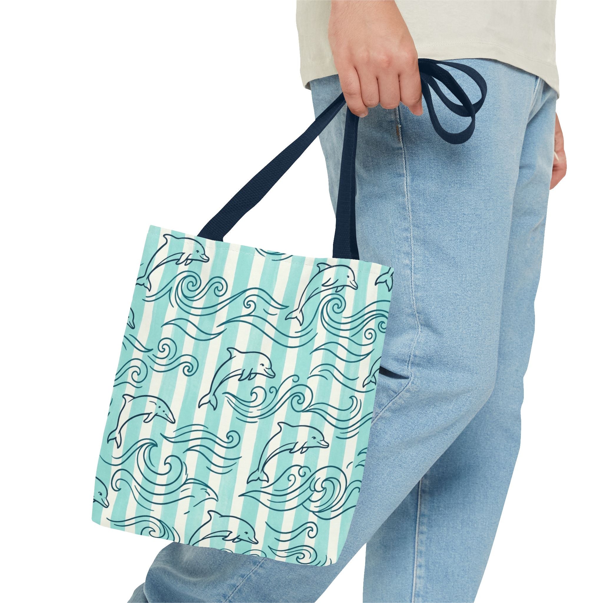 Dolphin Wave Pattern Tote Bag | Aqua Striped Ocean Design