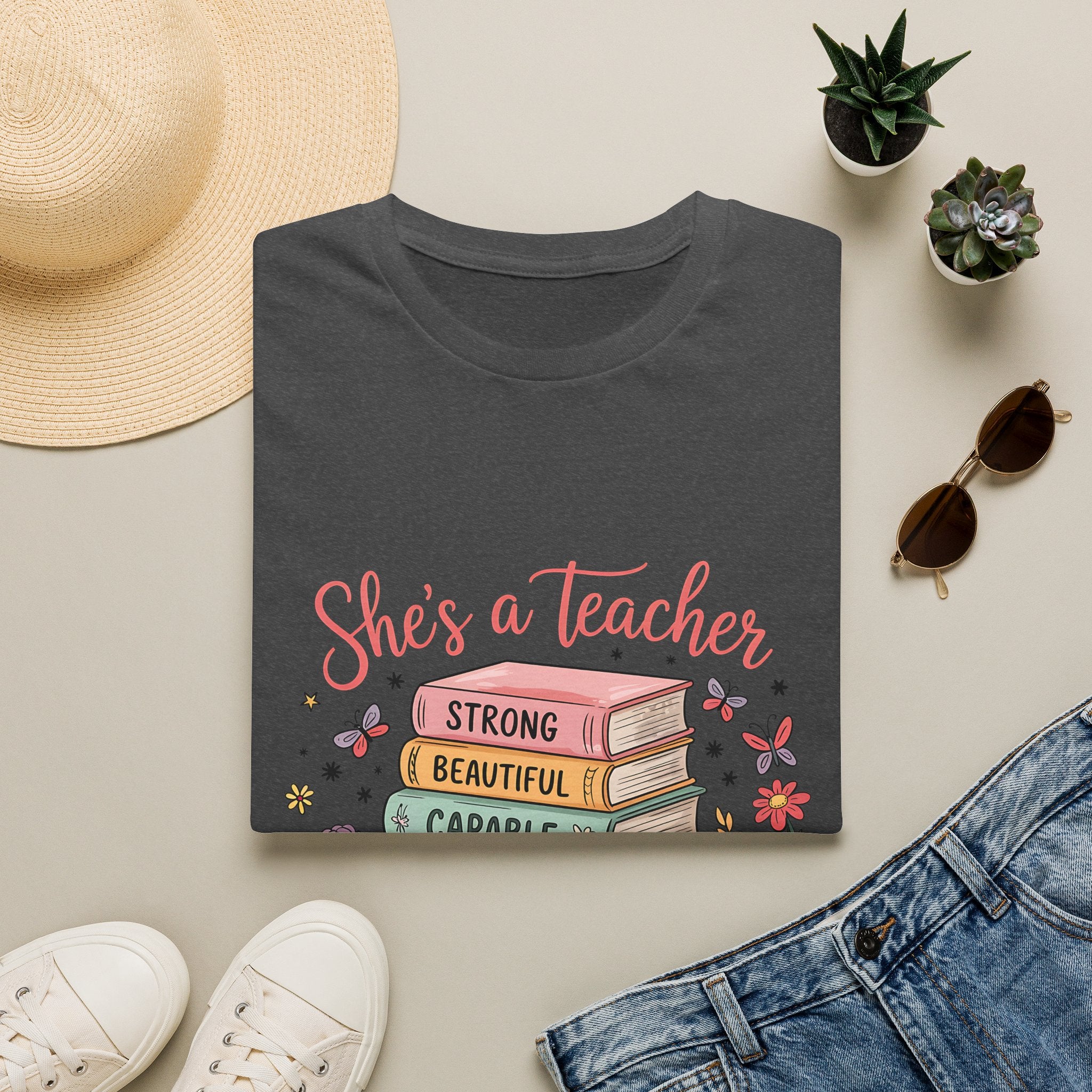 She's a Teacher stack of books floral design T-Shirt | teacher appreciation, inspirational quote