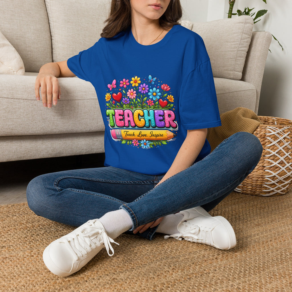Teacher floral pencil design T-Shirt | Teach Love Inspire, colorful school shirt