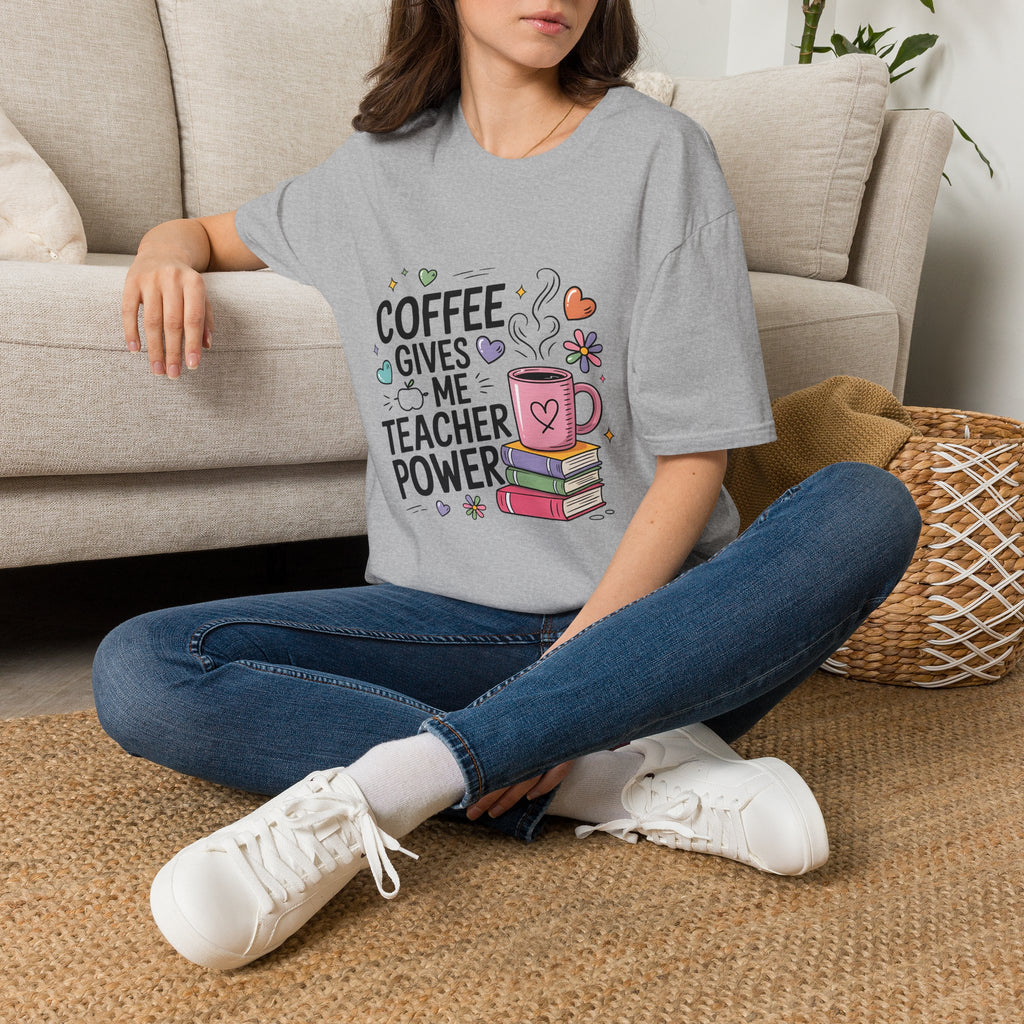 Coffee Gives Me Teacher Power T-Shirt | Teacher Coffee Mug Stack Design