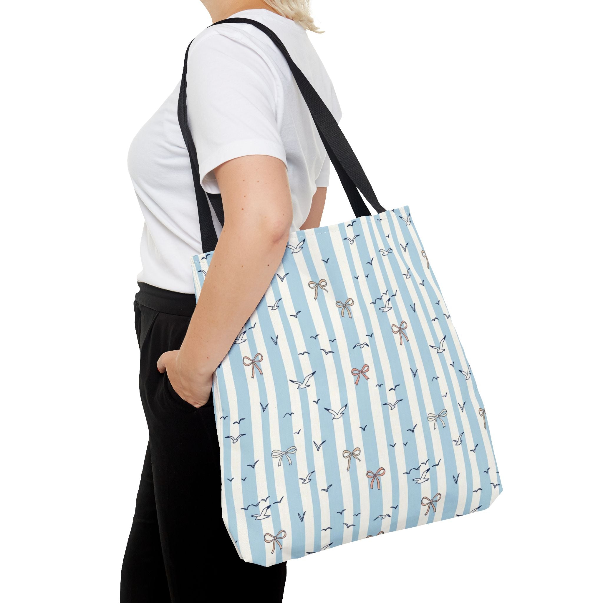 Blue Striped Bows and Birds Tote Bag
