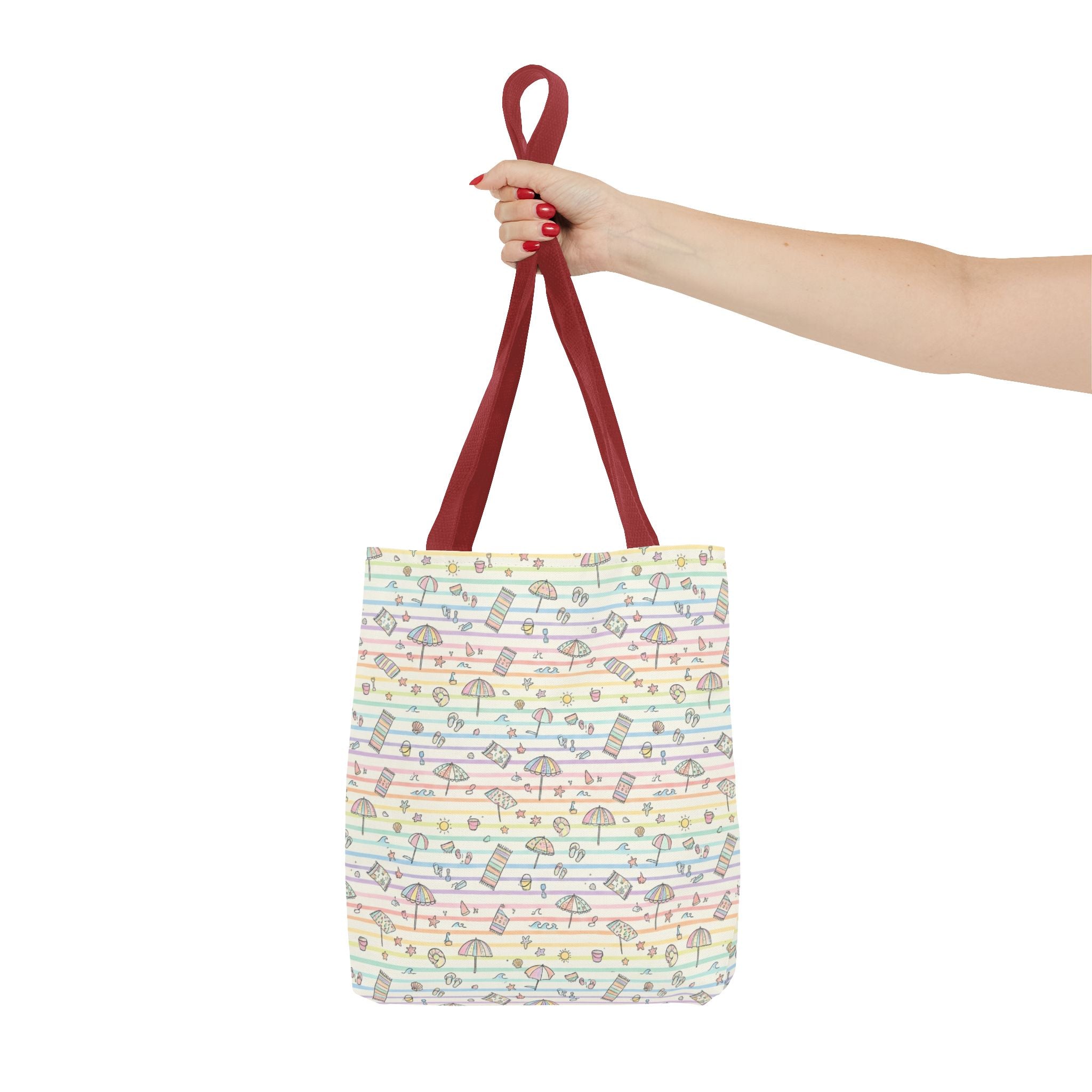 Pastel Beach Pattern Tote Bag | Seashells, Umbrellas, Flip Flops