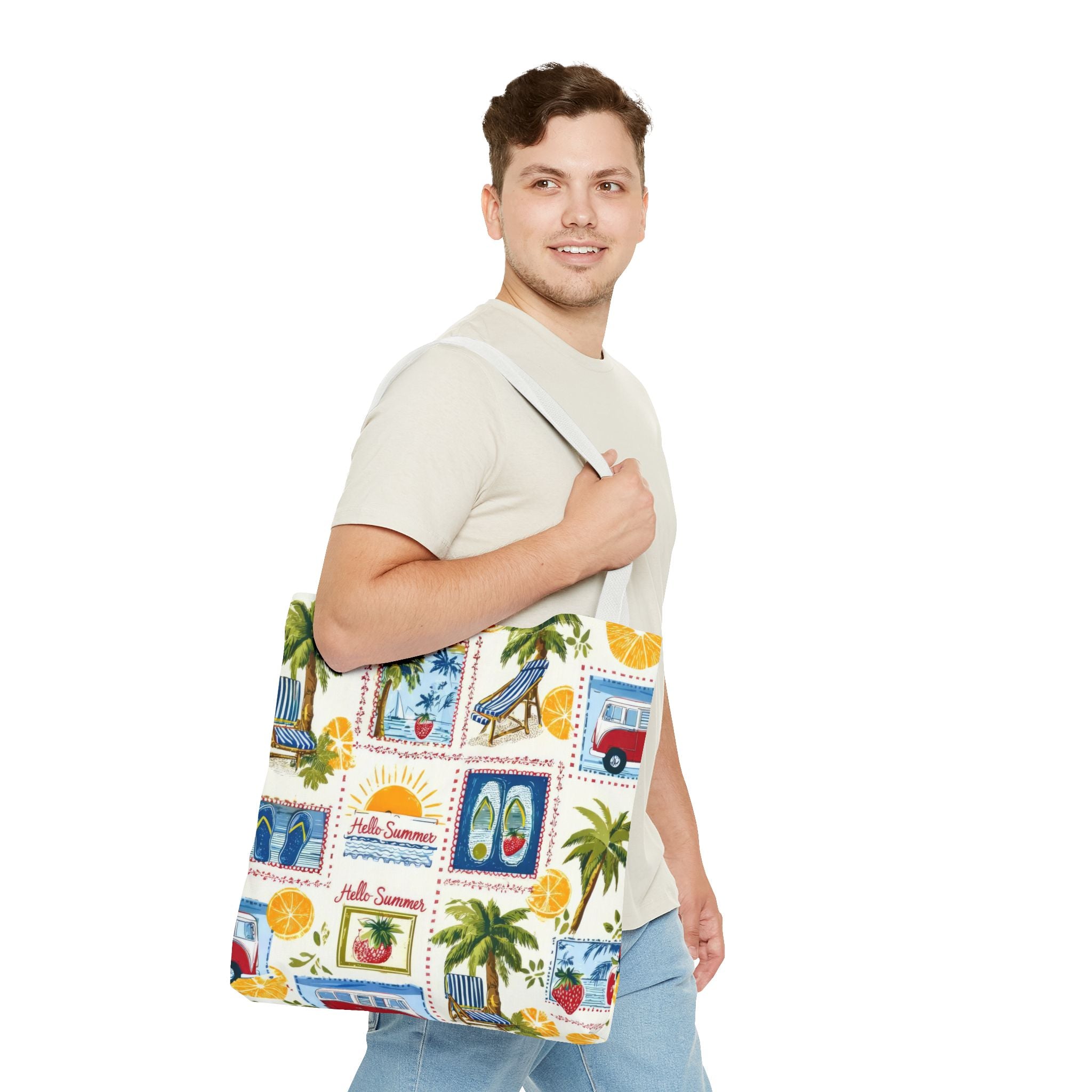 Hello Summer collage Tote Bag | beach palm trees flip flops camper van