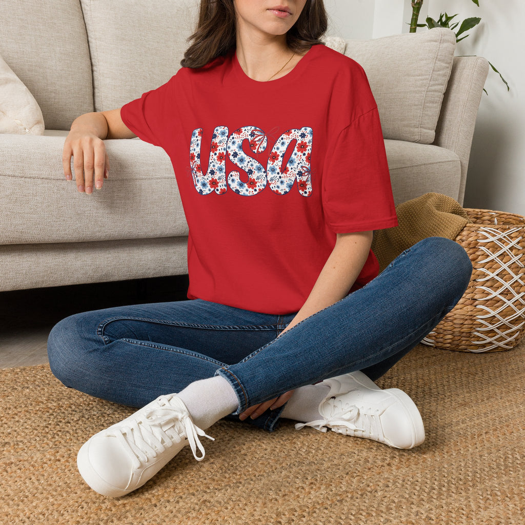 USA floral letters T-Shirt | Patriotic 4th of July design