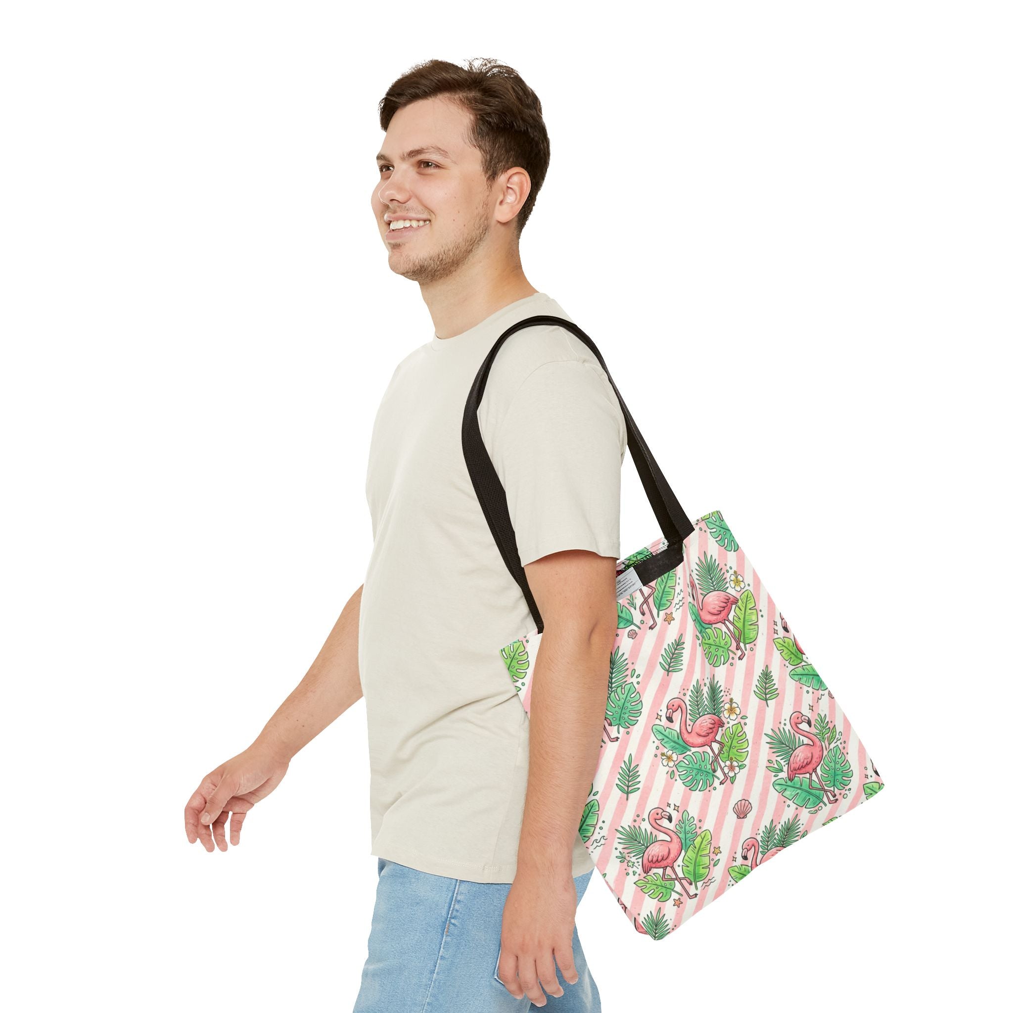 Pink Flamingo Pattern Tote Bag | Tropical Leaves Striped All-Over Print