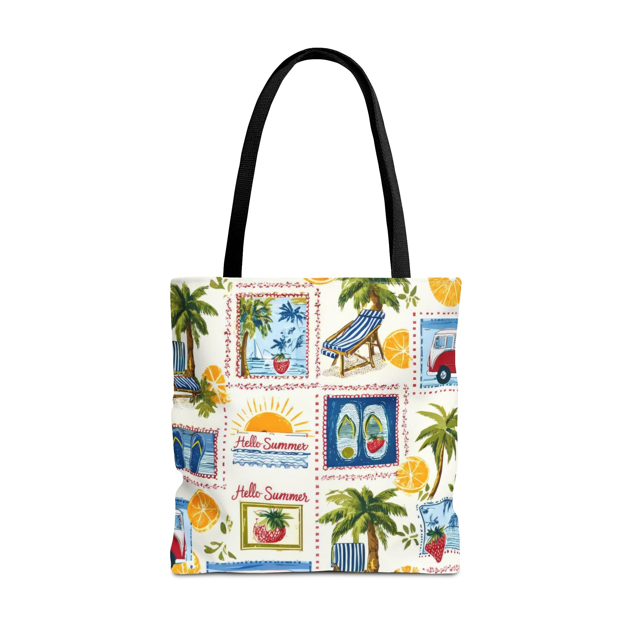Hello Summer collage Tote Bag | beach palm trees flip flops camper van