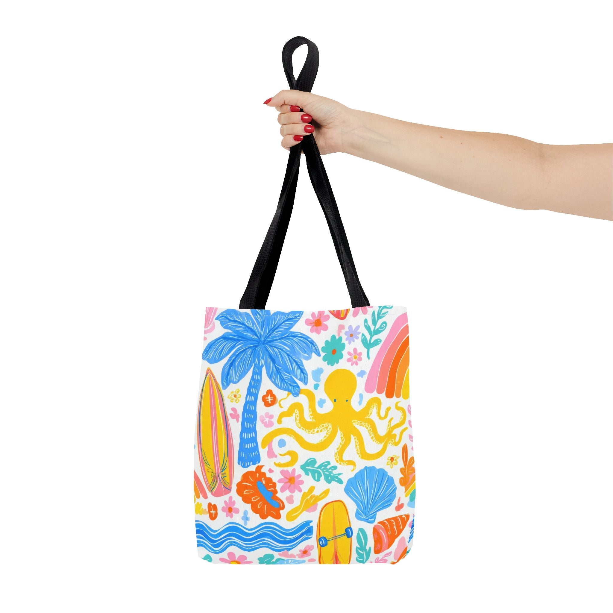 Colorful Beach Octopus Tote Bag | Tropical Palm, Surfboard, Rainbow Print