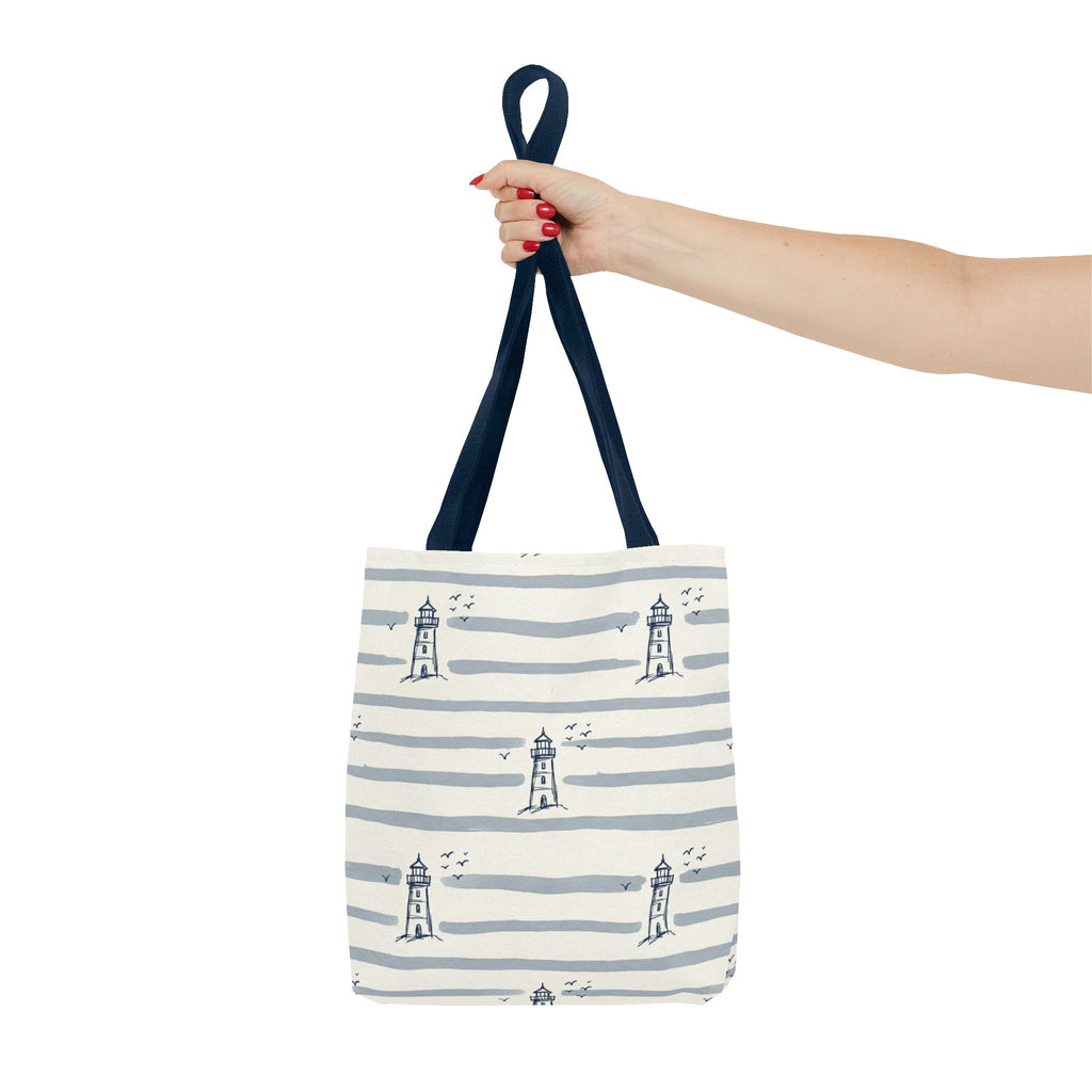 Nautical Lighthouse Pattern Tote Bag | Striped Coastal Beach Tote