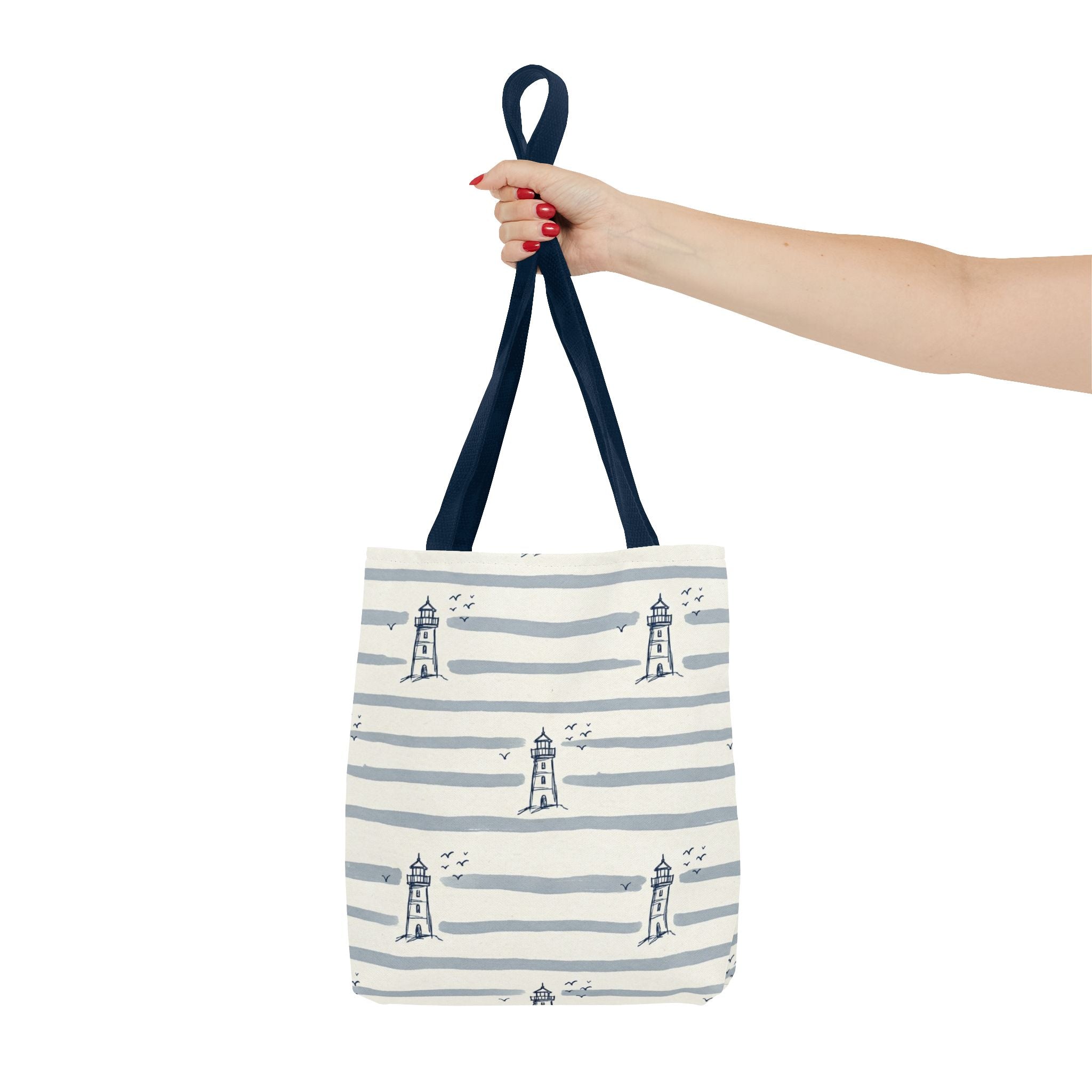 Nautical Lighthouse Pattern Tote Bag | Striped Coastal Beach Tote