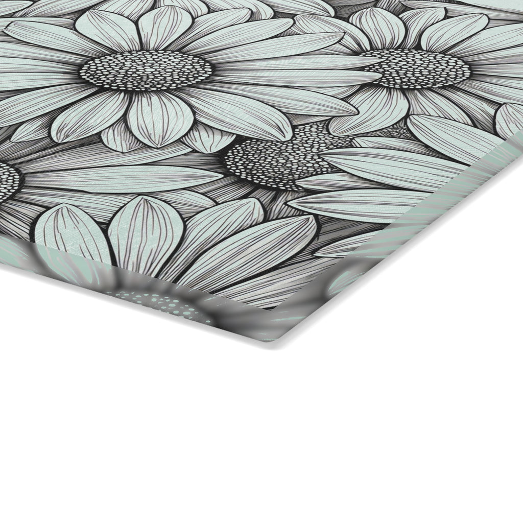 Daisy Floral Pattern Glass Cutting Board | Black White Sunflowers