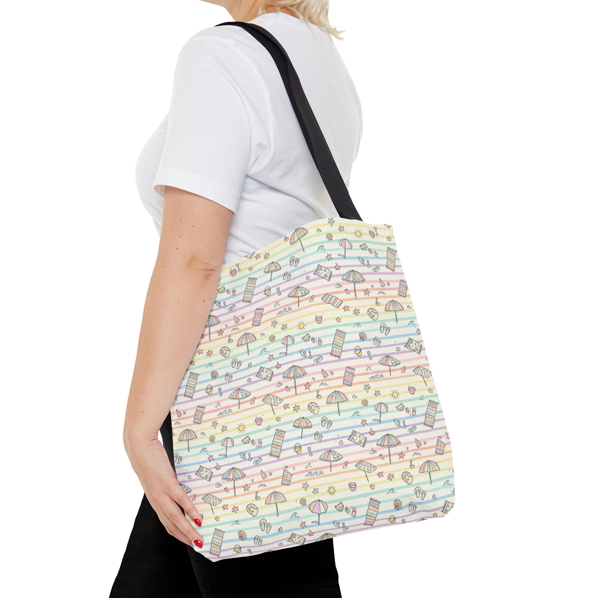 Pastel Beach Pattern Tote Bag | Seashells, Umbrellas, Flip Flops