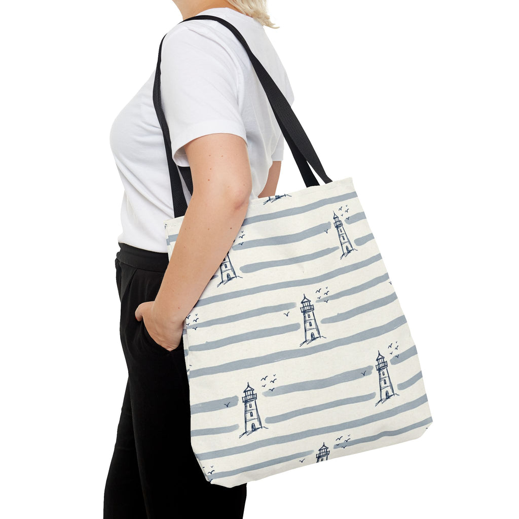 Nautical Lighthouse Pattern Tote Bag | Striped Coastal Beach Tote